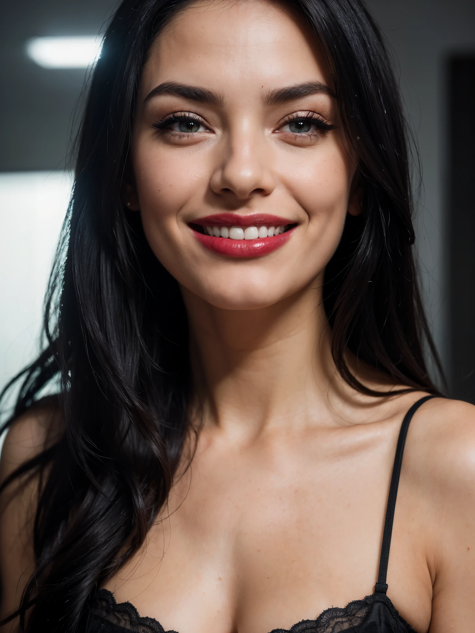 ((Eye-Level Shot)),((Close-Up)),((Glamour Portrait)),(best quality, high quality, sharp focus:1.4), european beautiful woman, (long black hair:1.1), mode face, makeup, (light matt lipstick:1.1), look at the viewer, shirt, best quality, realistic , masterpiece, dark theme, (((BIG SMILE)))