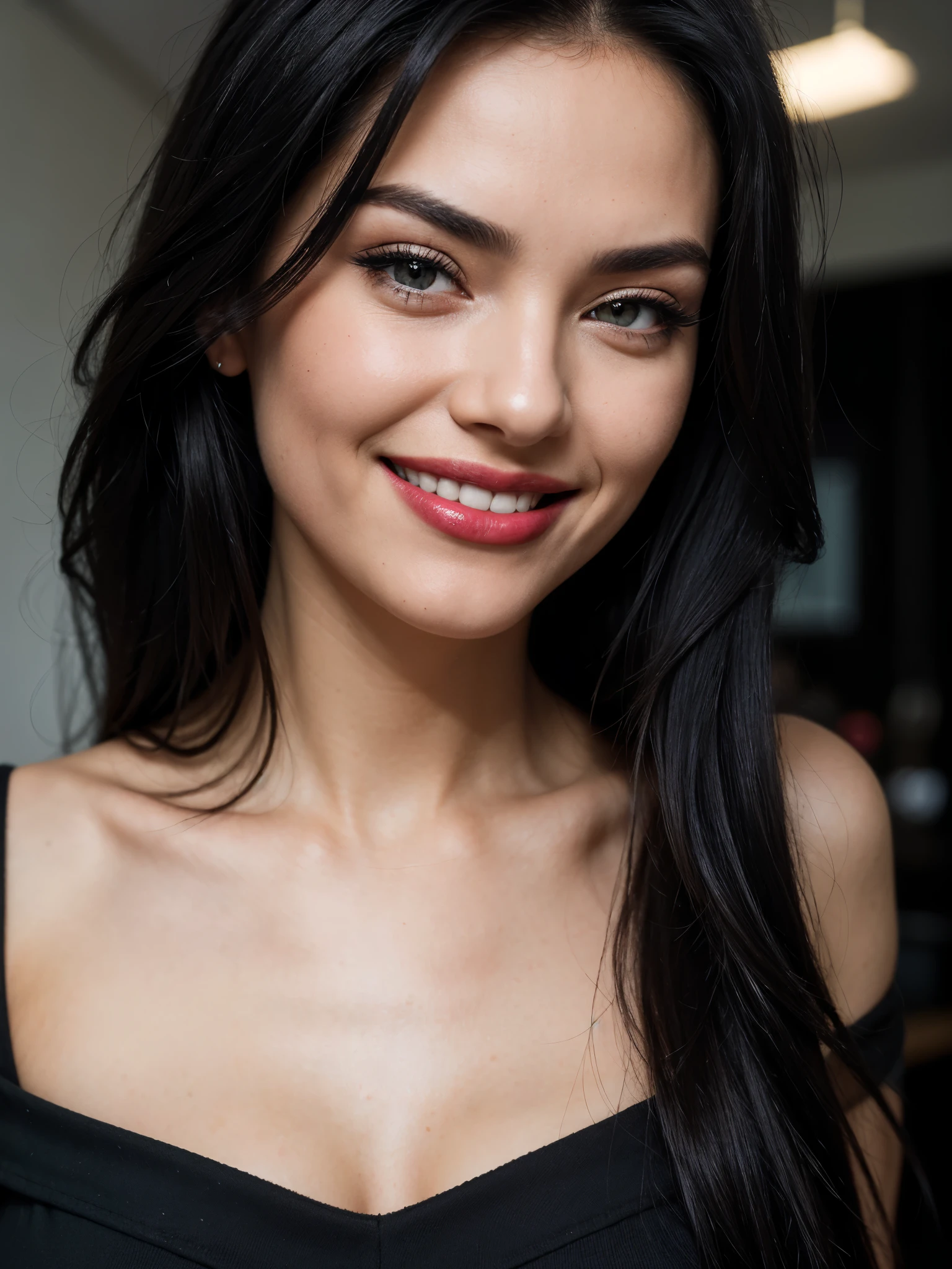 ((Eye-Level Shot)),((Close-Up)),((Glamour Portrait)),(best quality, high quality, sharp focus:1.4), european beautiful woman, (long  black hair:1.1), mode face, makeup, (light matt lipstick:1.1), look at the viewer, shirt, best quality, realistic , masterpiece, dark theme, (((BIG SMILE)))