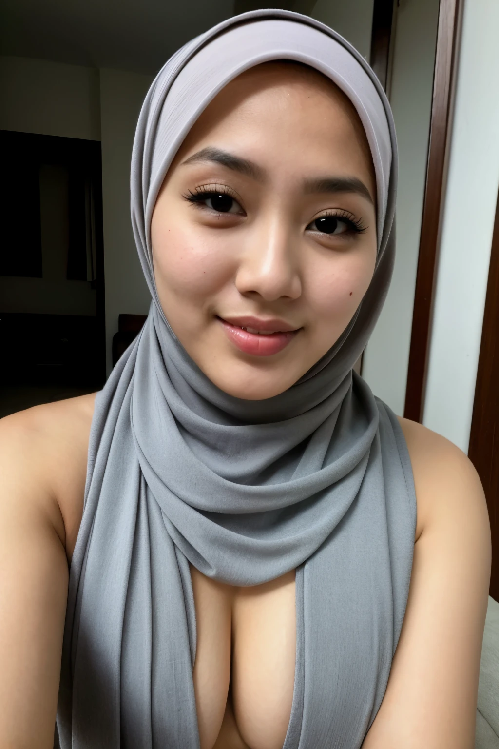 a beautiful Malay lady with a hijab , nudist, topless, bottomless, in an elegant style. Big smiling, making a mini love sign, selfie, big boob