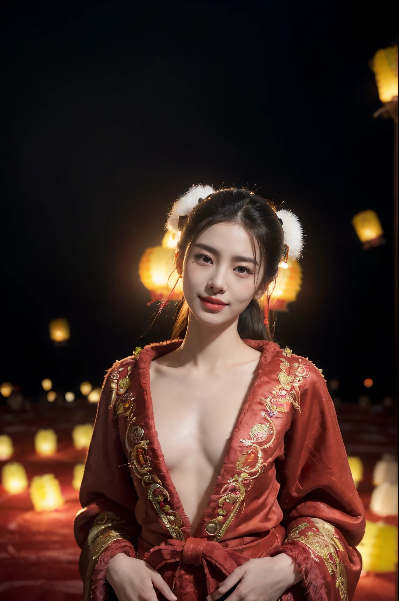 ((((8k))),((Extremely meticulous CG)) ,(wallpaper),16k,((Extremely refined and beautiful)),(((Masterpiece))),(((best qualtiy))),(((Ultra High Resolution))),beautiful light up,Perfect lightning,realistic shaded,[A high resolution],(Smooth and flawless fair skin:1.5),(pale skin:1.3),Extremely exquisite facial details,(perfect body:1.1),ultra-detailed,A beautiful girl,solo,(small head:1.2),(short ponytail:1.1),(small face:1.2),Exquisite makeup,(small breasts:1.2),(flat chests:1.2),((slim,thin)),happy,(smile:1.2),(fur collar:1.2),(Gorgeous Exquisitely embroidered fur edged red robe:1.5),(red hakama:1.2),(night scene:1.3),(outdoor:1.2),(On the street:1.3),(In ancient Chinese town:1.3),(neon lights:1.3),(detailed background:1.5),(standing:1.3),(arms behind back:1.3),(upper body:1.3),(from front:1.3),(surrounded by crowded crowds:1.5),(winter:1.3),(many Kongming lanterns floating in the sky:1.3)