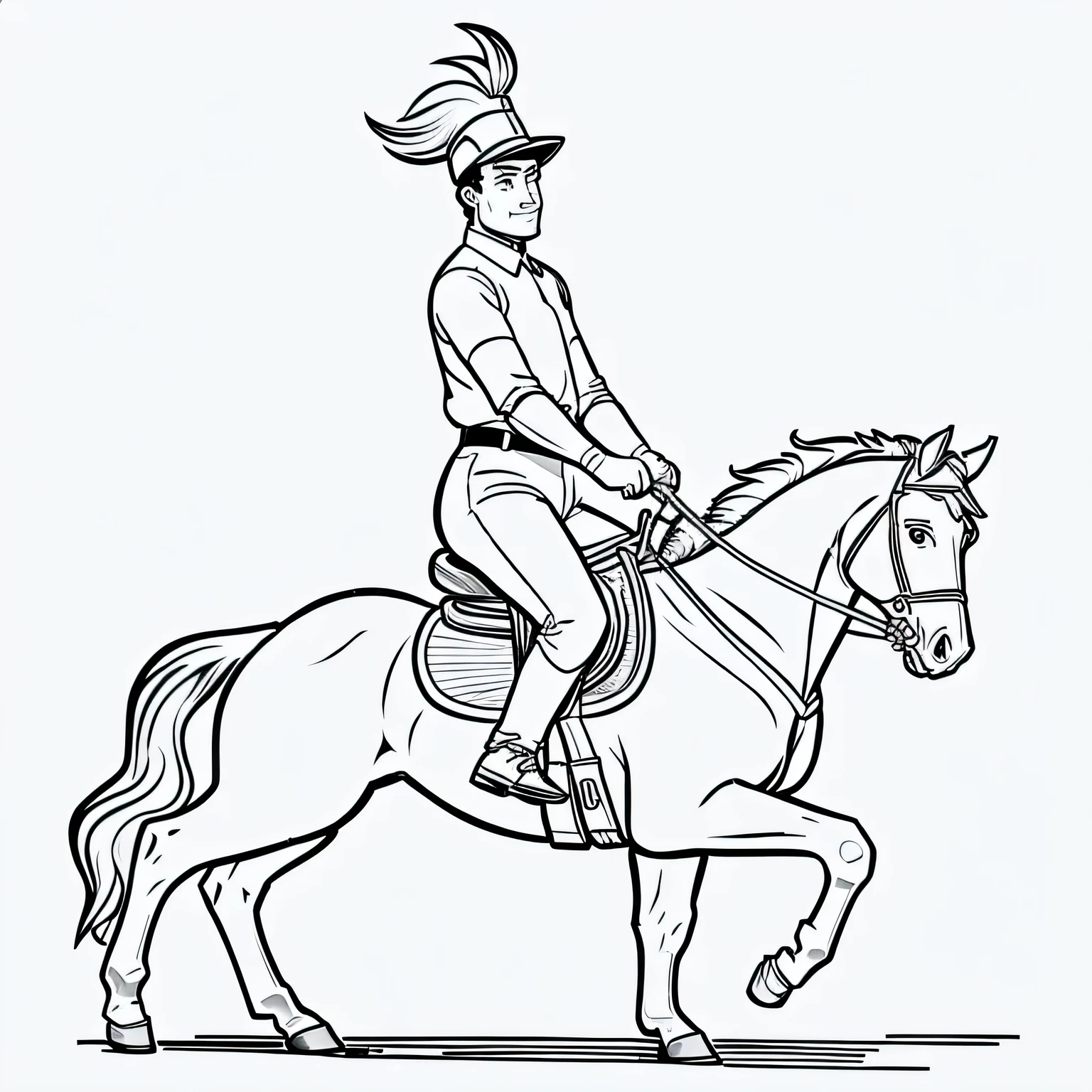 A coloring page of a man riding a horse, estilo de desenho animado, Linhas grossas, sem cor, fundo branco, apenas linhas.