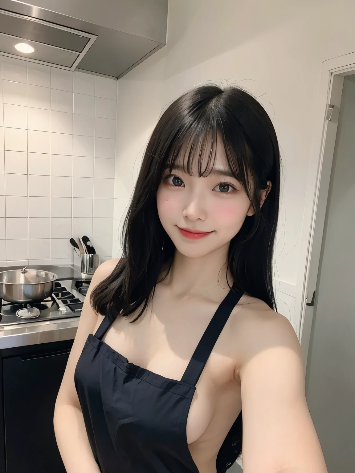 highest quality、8K、ultra high resolution、Super detailed face and eyes、Highly detailed face and skin texture、glowing skin、shiny skin、master piece:1.3、1 girl、A beautiful woman with slim abs as an accent:1.3、super detail face、delicate eyes、double eyelid、full shot、20-year-old、((open your mouth and laugh、A sluggish smile、sensual look))、((black hair、dark blue hair))、long hair、straight hair、((apron、nakedapron))、((full nude、naked、I'm not wearing anything))、kitchen、kitchen、Erotic、Eroticチック、sexy、sexyポーズ、Bewitching