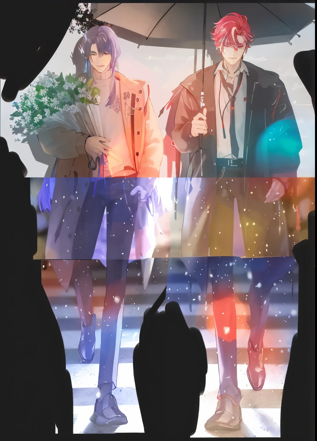 Two people standing under umbrellas in the rain, Guwitz and Xin Haicheng, Lingchang art, Two handsome anime guys, Lingchang, key point, makoto shinkai and (cain kuga), official art, guweiz style artwork, Official fan art, kyoto animation style, guweiz