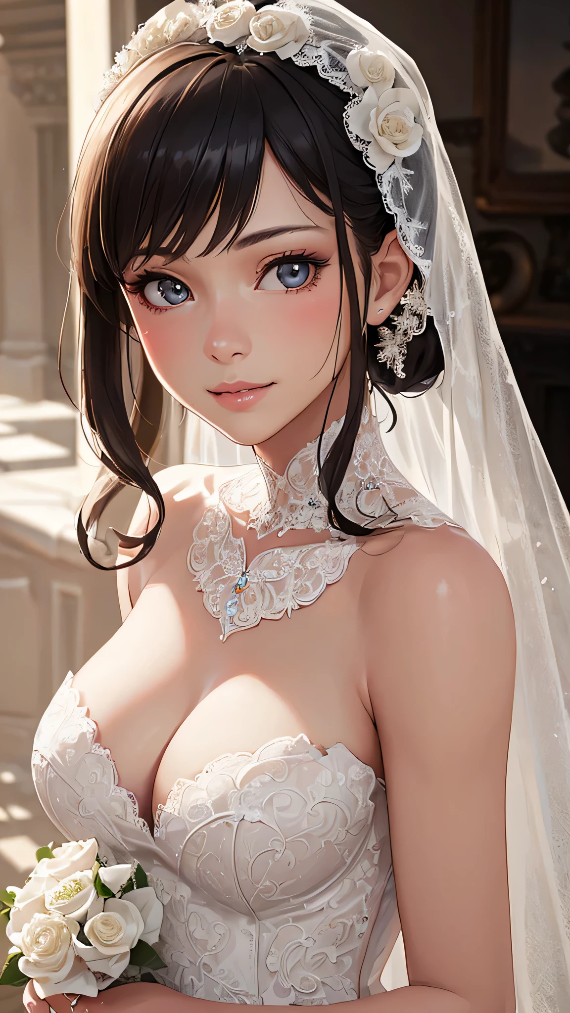 (1girl), ponytail, Extremely cute face, Amazing face and eyes, (Highly detailed eyes, Highly detailed face), fresh, Very clean appearance, (Hyper-realistic, hight resolution), (Best Quality:1.4), (hyper quality), Authentic skin texture, Raw photo, (Realistic, Photorealsitic:1.37), highly detailed, Professional Photography, (beautiful lace bridal dress:1.5), (lace bridal dress with open front), (cleavage:1.2), (Bare shoulders), Smile slightly, (Staring at me), luxury living room, girl portrait,