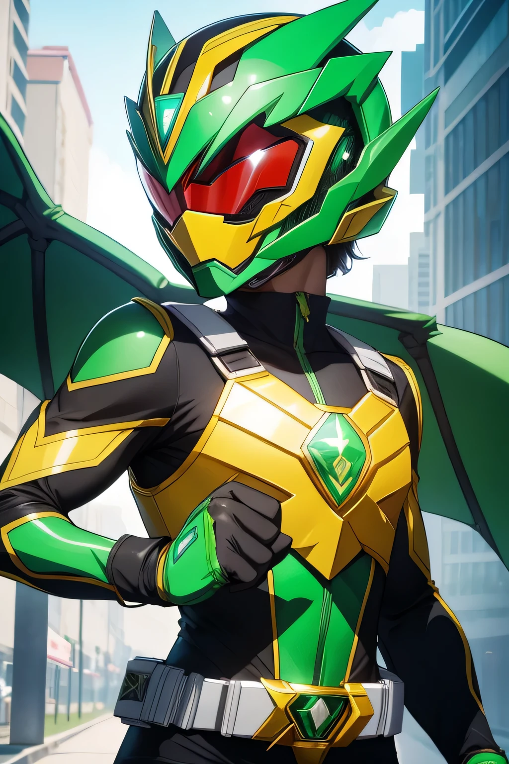 super sentai, power rangers, green ranger, quetzalcoatl theme, bodysuit, armor, full face helmet, tokusatsu