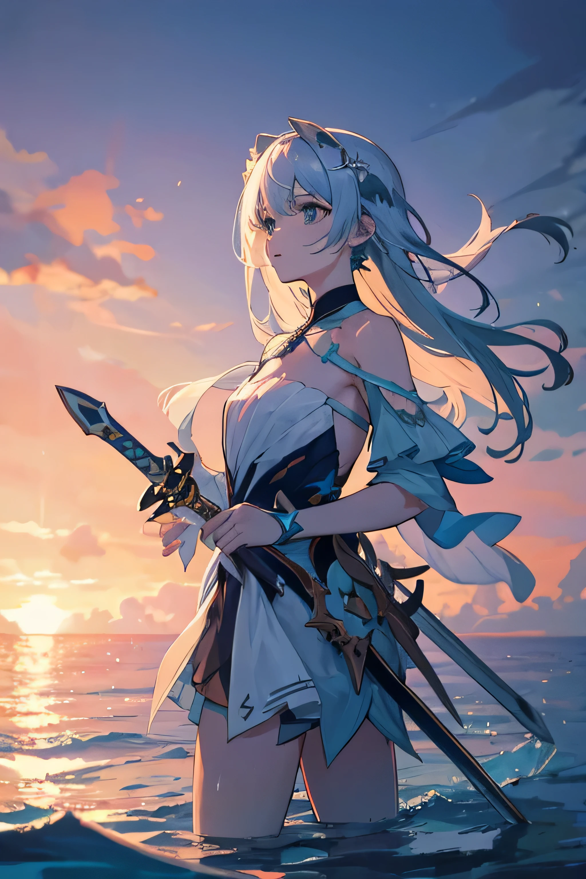 woman slender Fantasy sword士 Light clothing armor sword Blonde Silver Hair Red hair Green Hair Blue Hair Half naked Backwards Landscape