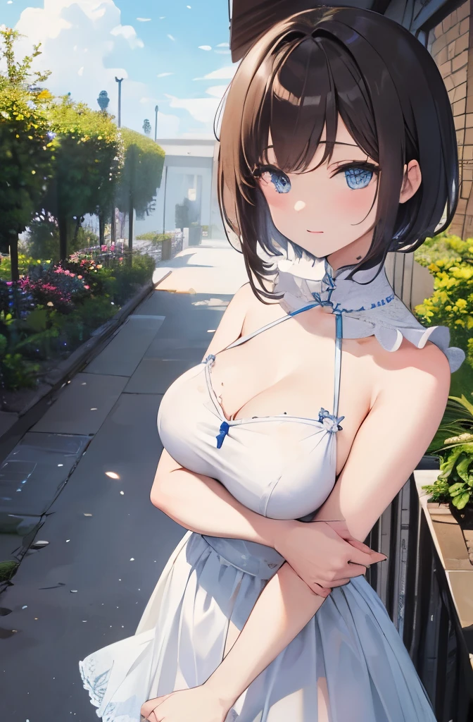 8K, best quality, master piece, ultra-detailed,、middle short hair、pale blue eyes、brown hair、medium breasts、medium breasts 、full lips Exhibitionist、show genitals、flip up the skirt dress 、garden