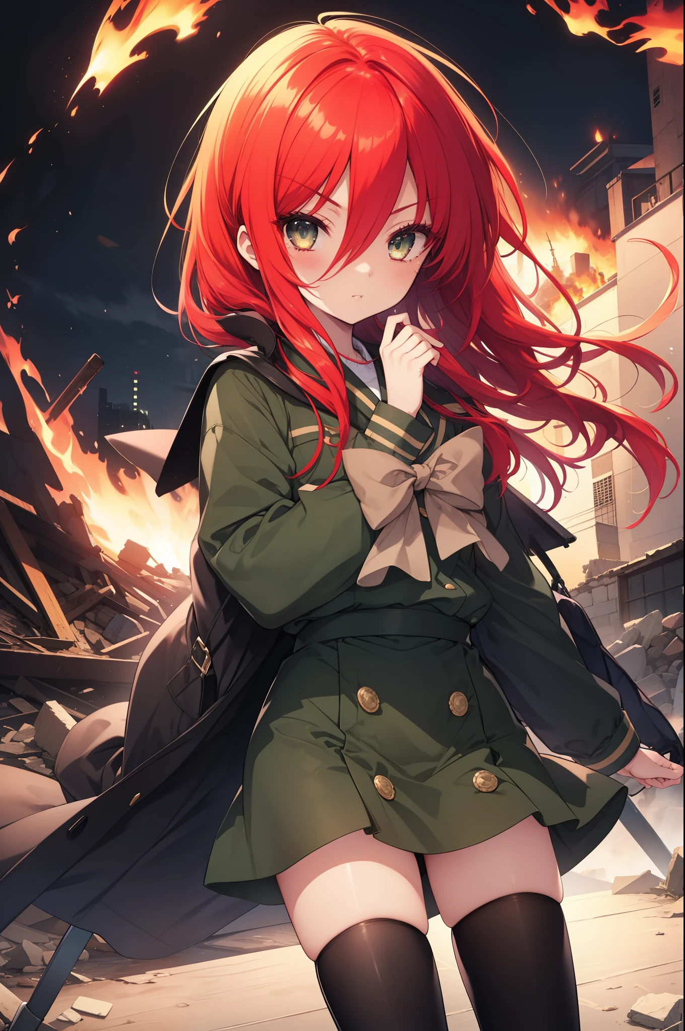 masterpiece,highest quality,Highly detailed CG Unity 8k wallpaper,1 girl,shana,redhead,long hair,red eyes,Misaki High School uniform(Green winter clothes),black rider suit,Misaki High School Green Skirt,black knee high socks,brown loafers,In his left hand he holds a Japanese sword wrapped in flames..,city of rubble,Explosive flame,(masterpiece:1.2), highest quality, High resolution, unity 8k wallpaper, (shape:0.8), (beautiful and detailed eyes:1.6), highly detailed face, perfect lighting, Very detailed CG, (perfect hands, perfect anatomy),