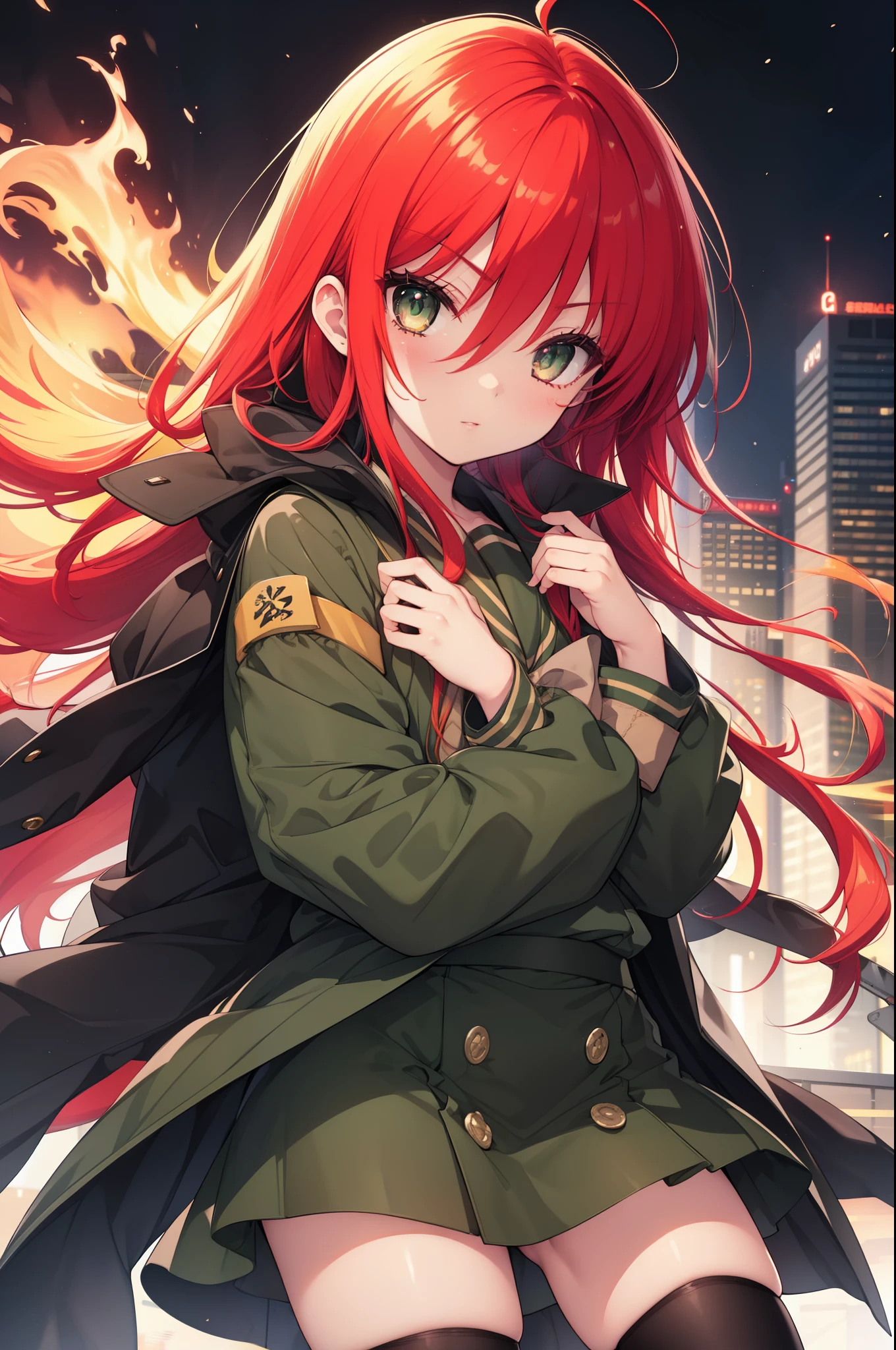 masterpiece,highest quality,Highly detailed CG Unity 8k wallpaper,1 girl,shana,redhead,long hair,red eyes,Misaki High School uniform(Green winter clothes),black rider suit,Misaki High School Green Skirt,black knee high socks,brown loafers,In his left hand he holds a Japanese sword wrapped in flames..,city of rubble,Explosive flame,(masterpiece:1.2), highest quality, High resolution, unity 8k wallpaper, (shape:0.8), (beautiful and detailed eyes:1.6), highly detailed face, perfect lighting, Very detailed CG, (perfect hands, perfect anatomy),