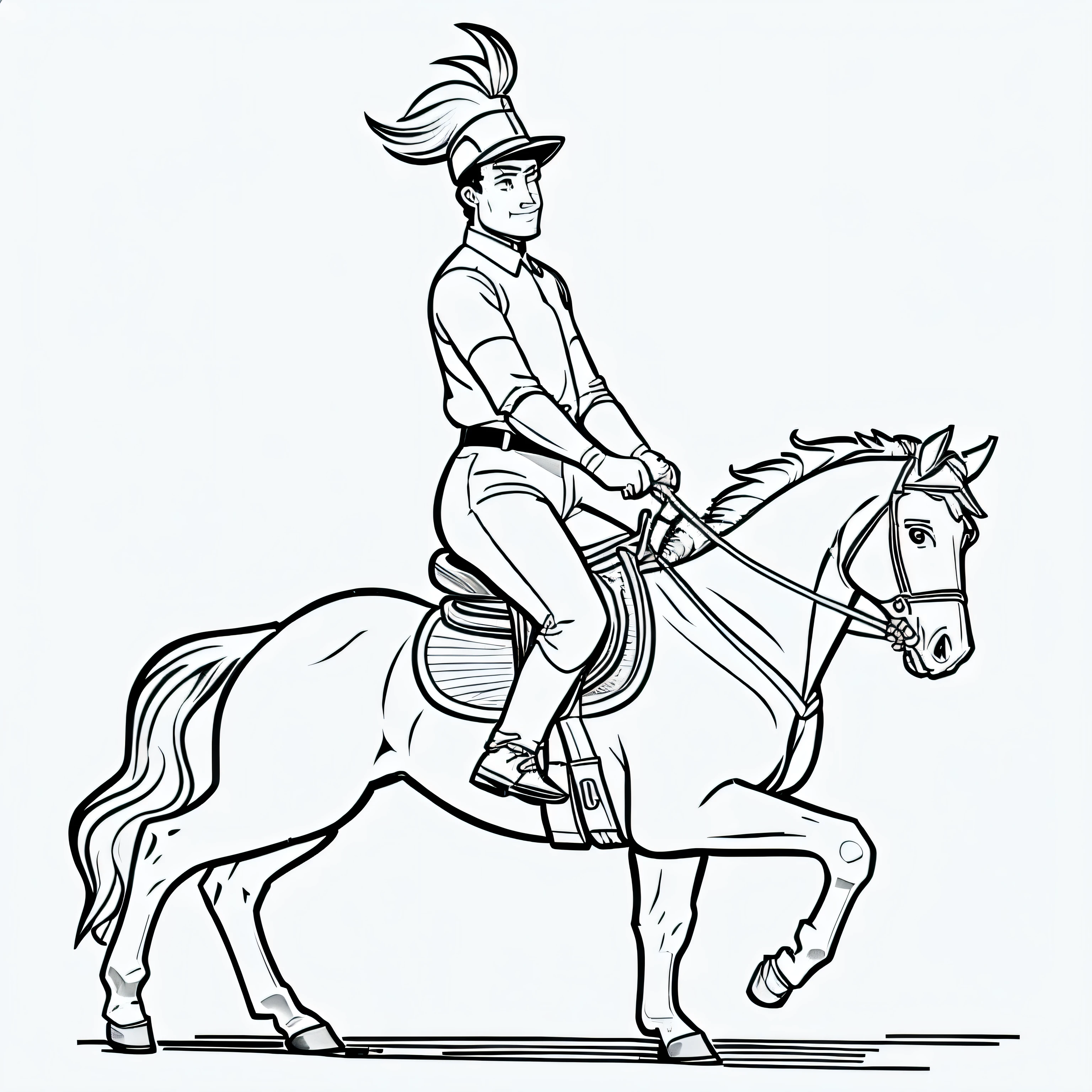 A coloring page of a man riding a horse, estilo de desenho animado, Linhas grossas, sem cor, fundo branco, apenas linhas.