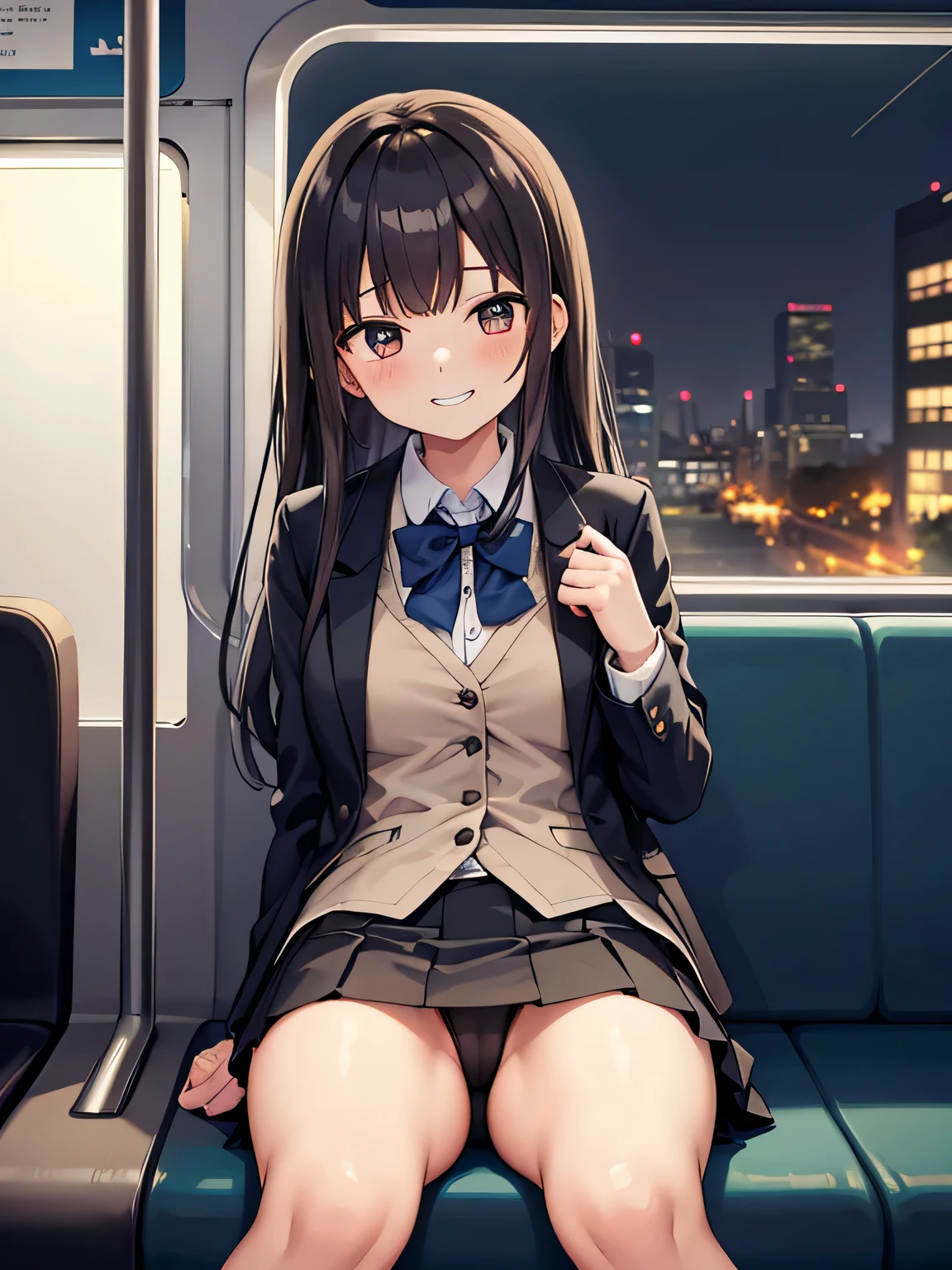 (1) A woman is sitting alone on a long seat on a train. She spread her legs、I am showing my black transparent panties to the person in front of me..
(2) She is a high school girl, She is wearing a uniform consisting of a miniskirt, blazer, and loose socks..
(3) she has medium length brown hair.
(4) Her expression is provocative and grinning.
(5) Location: Yamanote Line long seat at night. There are no other customers. The view outside the window is the night view of the city.