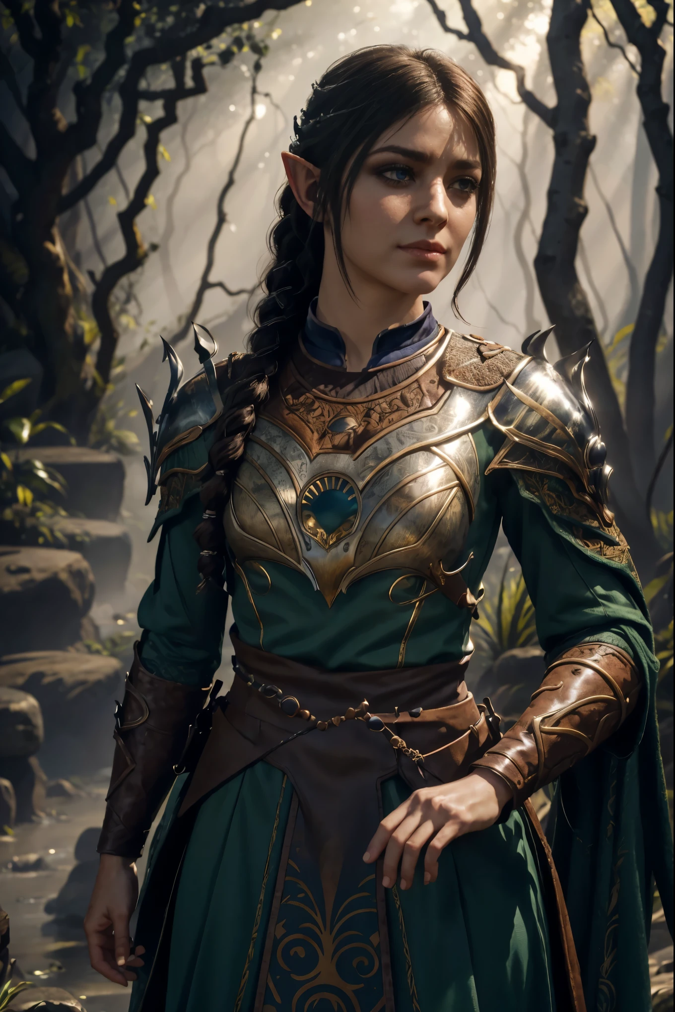 (best quality,4k,8k,highres,masterpiece:1.2),ultra-detailed,realistic:1.37,Shadowheart from Baldur's Gate,elven ranger,beautiful detailed blue eyes,radiant smile,flowing chestnut hair,serious expression,fierce determination,charismatic aura,ornate elven armor with intricate patterns,sharp elven longbow,elven arrow quiver,forest backdrop,soft sunlight filtering through trees,mysterious shadows dancing on her face,vivid colors,subtle warm color palette,portraits,dark fantasy aesthetic,studio lighting