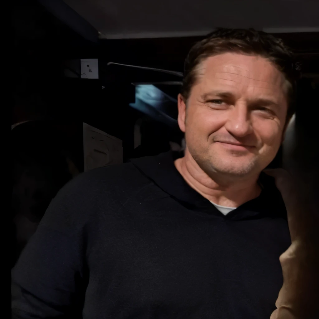 A man smiling in a dark blue shirt, private outdoor background, taken in the early 2024s, photo of a 53-year-old white Scottish man, Gerard Butler, about 53 years old, he is about 53 years old Scottish, chubby-like face, matured man, wearing a dark blue shirt, only wearing dark blue shirt, no jackets, no face cap, selfie picture, selfie image, rough face outline, rough face, natural skin, smiling face, chubby face, original outline, Gerard Butler 2024, Gerard Butler selfie, exact face, Gerard Butler February 2024, standing selfie, average image, natural photo, original image, chubby matured male, average selfie, rough face, average quality, natural face, buff body type, chubby body type, fat face, smooth shave.