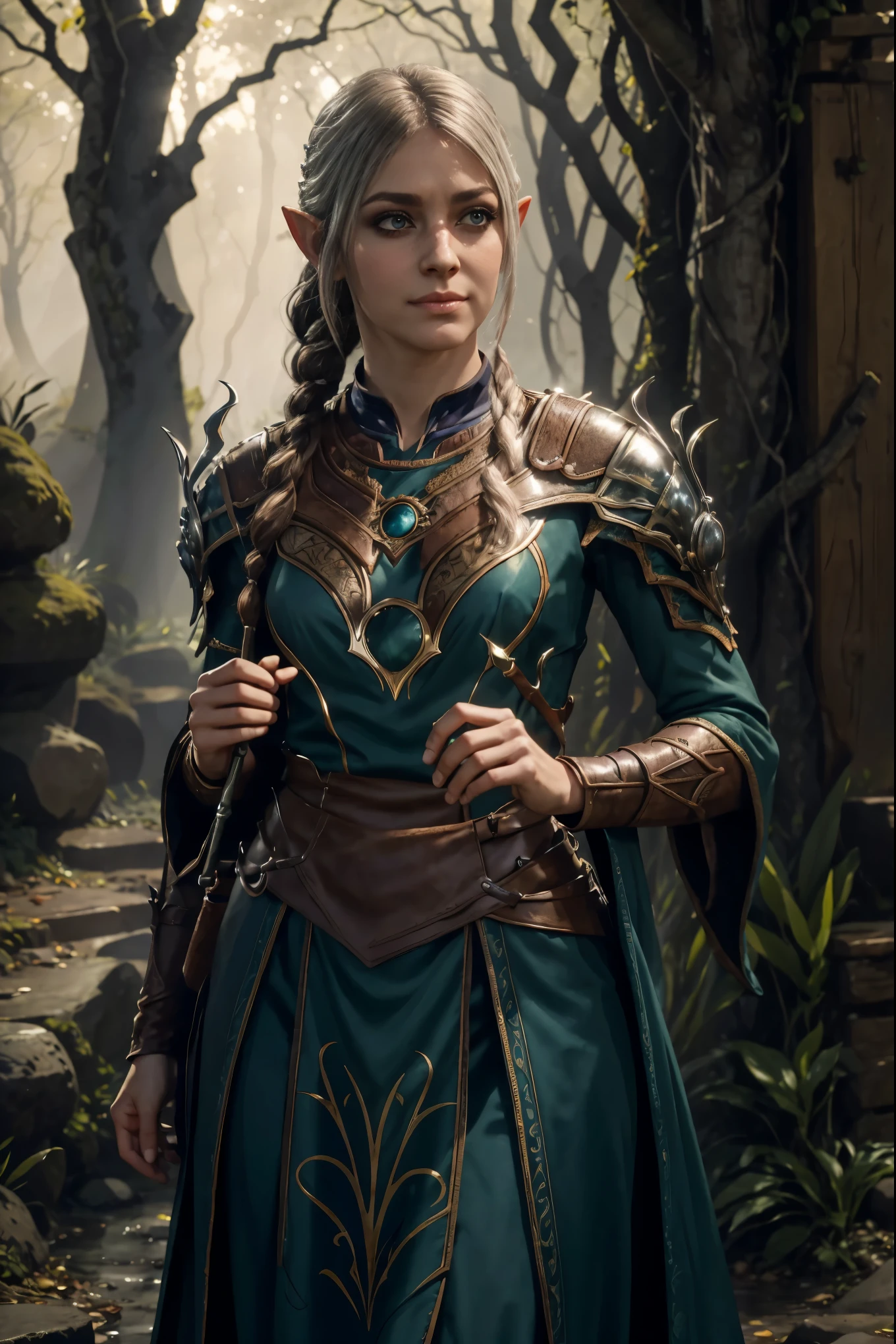 (best quality,4k,8k,highres,masterpiece:1.2),ultra-detailed,realistic:1.37,Shadowheart from Baldur's Gate,elven ranger,beautiful detailed blue eyes,radiant smile,flowing chestnut hair,serious expression,fierce determination,charismatic aura,ornate elven armor with intricate patterns,sharp elven longbow,elven arrow quiver,forest backdrop,soft sunlight filtering through trees,mysterious shadows dancing on her face,vivid colors,subtle warm color palette,portraits,dark fantasy aesthetic,studio lighting