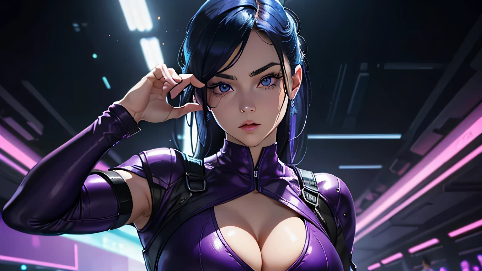 4K, A high resolution, Best quality at best, masterpiece, perfect colors, perfect shadow, perfect litthing, ((sportrait)), 1woman, fit body, heterochromia eyes,face close up, dark blue hair , blue eyes, With round lenses, The audience watched carefully, (s face: 1.2), Perfect female figure, ((dynamic standing pose)), ((purple Tight crop top, half breast, purple leather suit)), ((shy and looking at viewert)), (Perfect thick white eyebrows) Delicate fur, 详细s face, s the perfect face, , (dynamic pose), cyberpunk abstract background, ((Bonifasko lighting)), (The round lenses on his eyes)(detailed eyes), Perfect student, ((face close up))