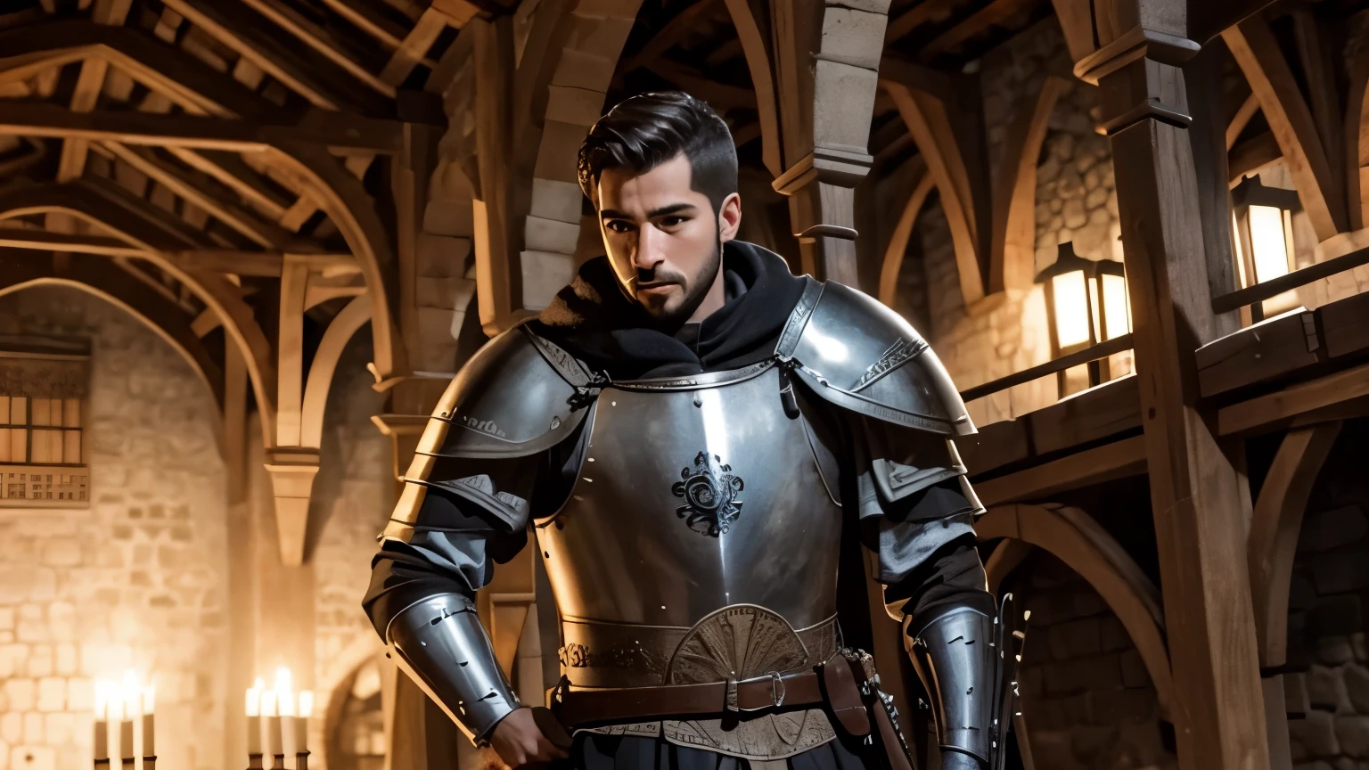 Guerreiro medieval masculino, com cara de assustado ou espantado