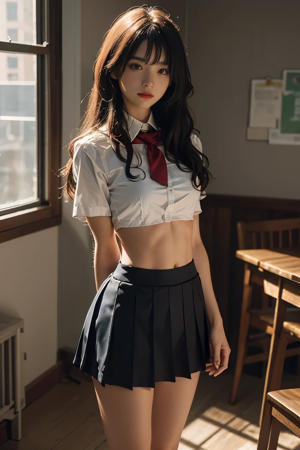 Standing, beautiful skin, shining hair, Long hair, hair bang, hair pin, cropped school uniform,abs stomach, skirt, legs, in room, studio lights, phosphorescent, gentle lights, vibrant colours, intricate details, high quality, masterpiece photography