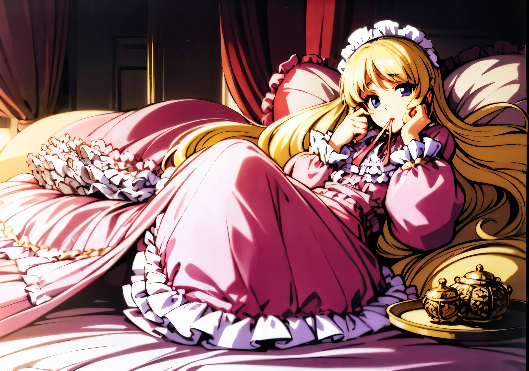 ,highest quality, masterpiece, highest resolution, artwork, super それにget used to it, many get used to it, get used to it, それにget used to it, 3K anime illustration,(( 10 year old girl)),Super detailed baby face,high quality small face,long blonde hair that grows to the waist,blue eyes,白い肌のeuropean,pajamas, european,(((super long blonde hair))),curly hair,blue eyes,((((ピンクのロリータファッションのlong skirtのワンピースドレス)))),((Pink dress with lots of frills and ribbons)),((Luxurious headdress with frills and ribbons)),detailed headdress,,(((big yoke collar))),Yoke collar with ruffles and ribbons,((((long sleeve)))),ruffle sleeves,((((long skirt)))),white ruffle and lace socks,large frill and ribbon pillow,detailed costume,ピンクの贅沢なcanopy bedの上,canopy bed,The bed is surrounded by luxurious curtains,many frilly pillows on the bed,super detailed background,detailed bed,romantic atmosphere,soft pink comforter,soft ruffle pillow,Beautiful girl illustration,detailed beautiful face detailed hair,detailed human eye ,detailed mouth, arm details,fine hands,Detailed pillow,wide bed,Illustration on the bed, ,((((round futon)))),((((A large ruffled futon that covers the entire bed)))),detailed comforter,detailed bedシーツ,