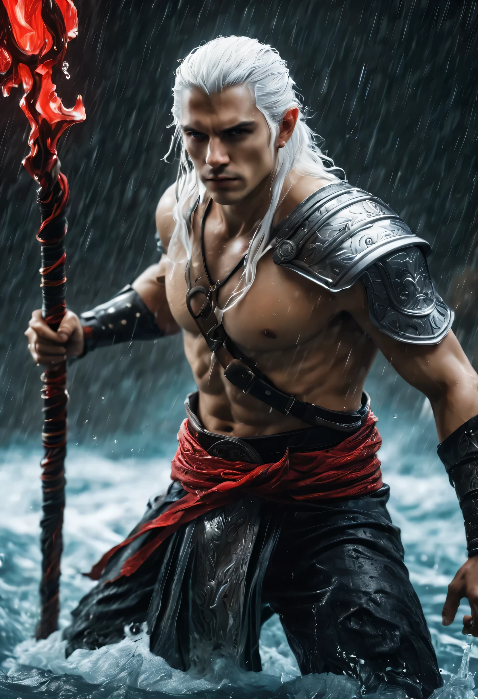 best quality,Ultra-fine,The white-haired warrior appears in the water ,lifelike,photorealism:1.37),bright colors,clear focus,Defocused,(fantasy:1.2),(mystical landscapes),(dynamic poses:1.37),(intense gaze),(Extraordinary power),(the power of myth),black and red,rainy day