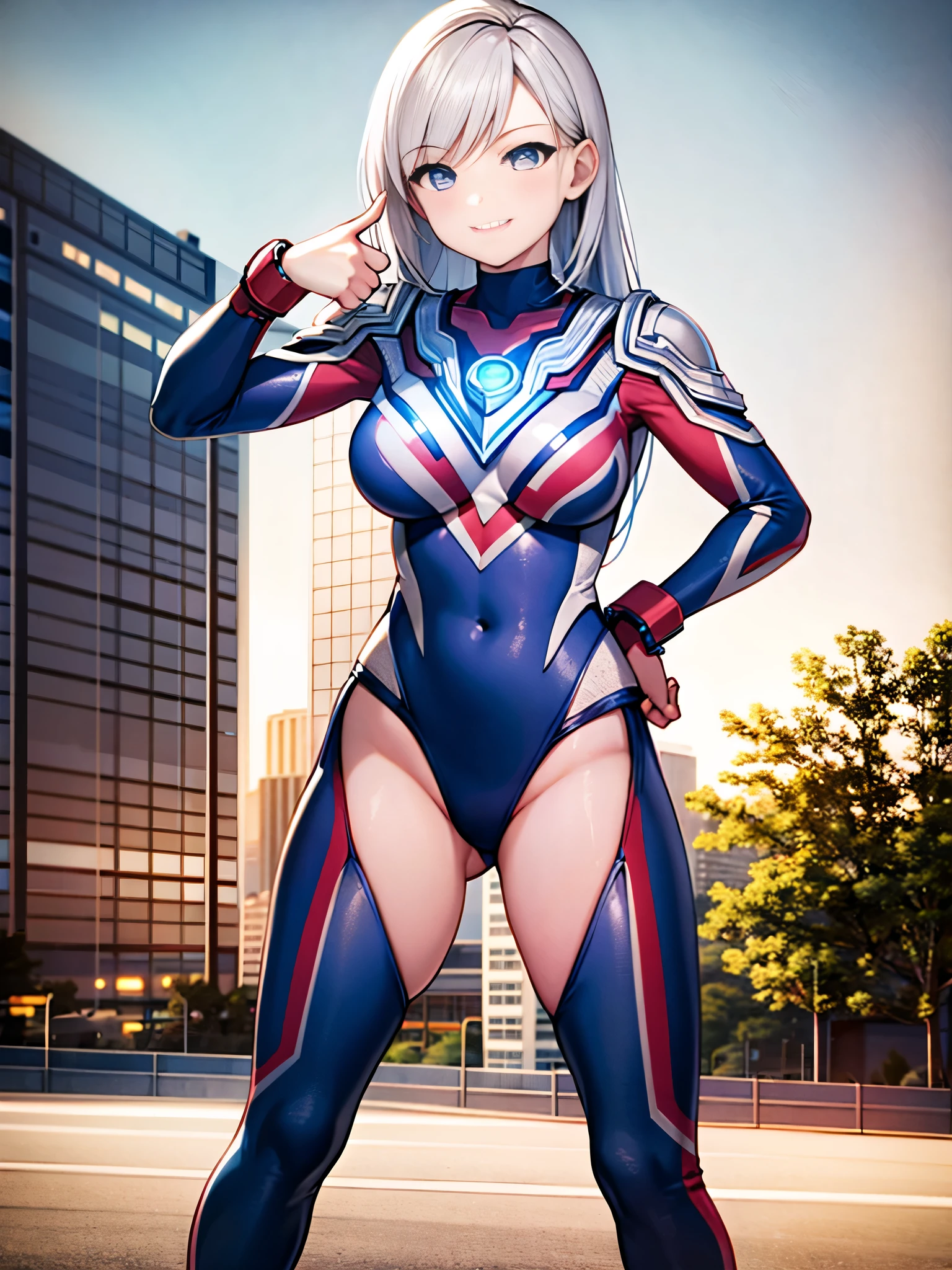 extremely detailed CG unreal engine 8k, best quality, (detailed fingers, detailed hands, detailed face), all intricate, 1girl, beautiful detailed girl, (ultragirl :1.0), ultraman bodysuit, leotard, bare legs, upper body, smile, thumbs up, stylish posing, hand on hip, standing, detailed buildings behind, outside