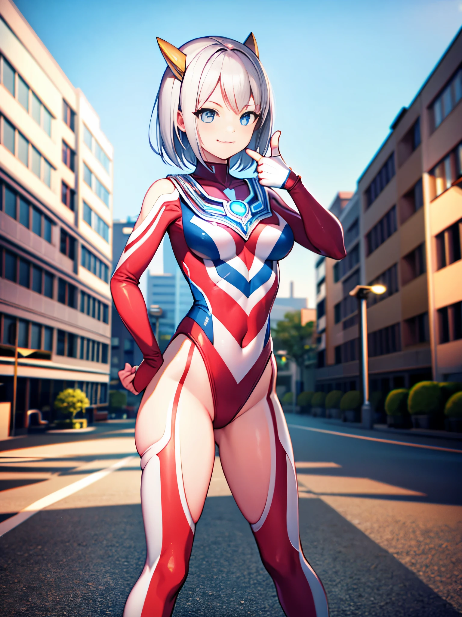 extremely detailed CG unreal engine 8k, best quality, (detailed fingers, detailed hands, detailed face), all intricate, 1girl, beautiful detailed girl, (ultragirl :1.0), ultraman bodysuit, leotard, bare legs, upper body, smile, thumbs up, stylish posing, hand on hip, standing, detailed buildings behind, outside