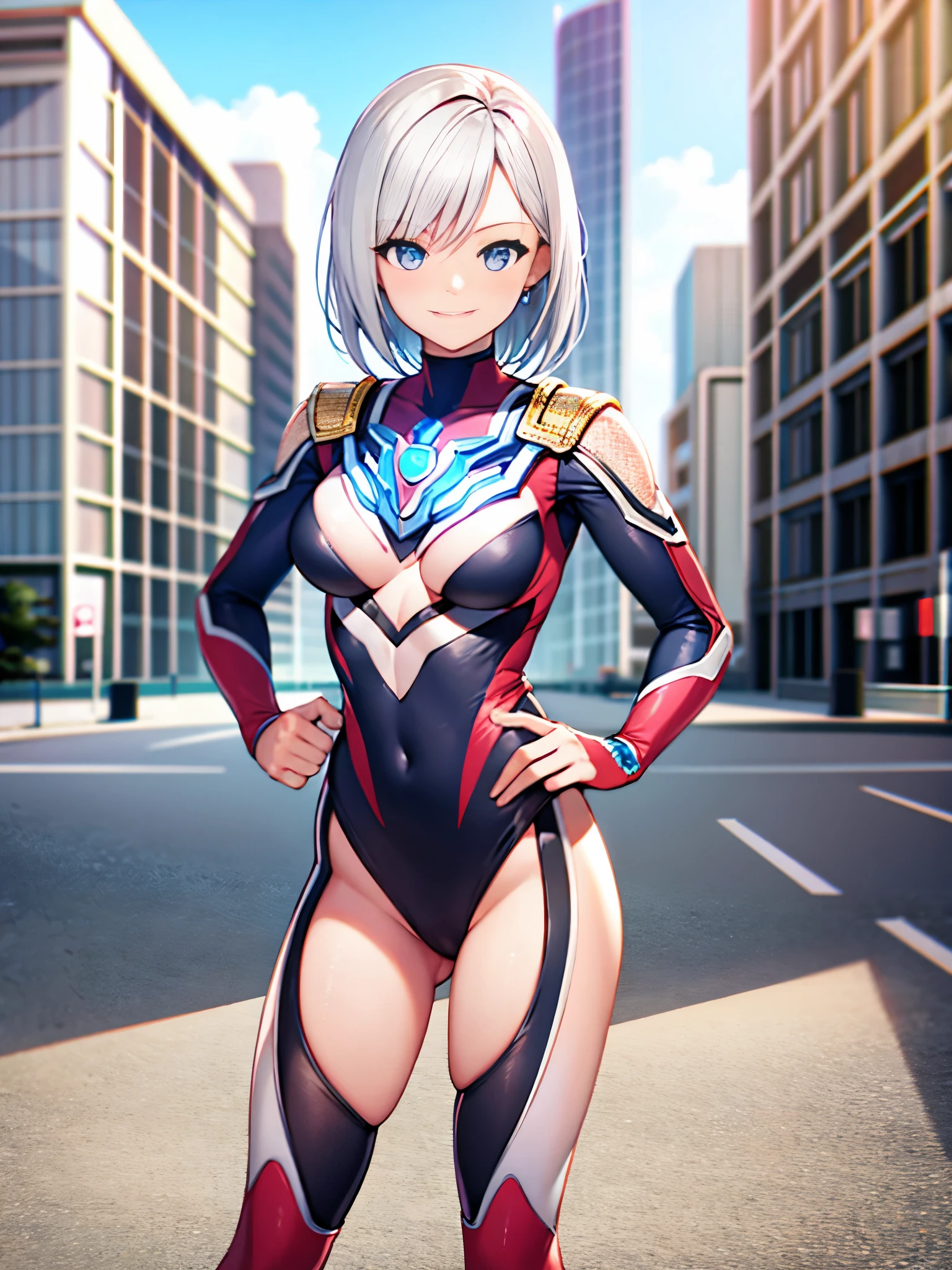 extremely detailed CG unreal engine 8k, best quality, (detailed fingers, detailed hands, detailed face), all intricate, 1girl, beautiful detailed girl, (ultragirl :1.0), ultraman bodysuit, leotard, bare legs, upper body, smile, thumbs up, stylish posing, hand on hip, standing, detailed buildings behind, outside