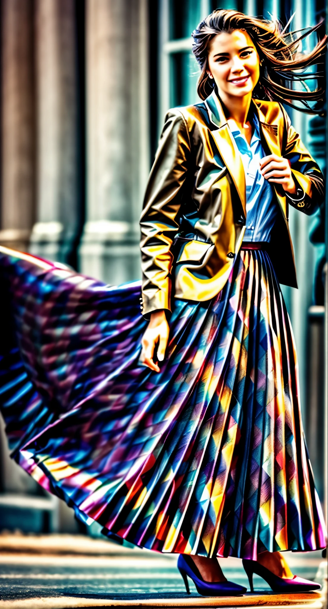 A smiling, authentic, (shy:1,3), kind, beautiful woman, is passionately in love with her skirt, sitting down on the gound while wind lifts her skirt, wearing short blazer and very very detailed (long (fully pleated) full circle skirt) and (low heeled court shoes), very very intricate hyper-detailed symmetric (attractive graceful young feminine face) with (sad, tired eyes and a loving smile), large breasts, full of empathy and compassion and love, (pronounced (feminine) features), (highly detailed ultra accurate realistic) hands and fingers, (windy), epic composition, highly detailed attributes, (35mm f1.4 Kodak portra 400 photograph), extremely high quality RAW photograph, highly detailed atmosphere, sci-fi, cinematic shot, dynamic lighting, 75mm, Technicolor, Panavision, cinemascope, sharp focus, fine details, 8k, HDR, realism, realistic, key visual, film still, superb cinematic color grading, depth of field