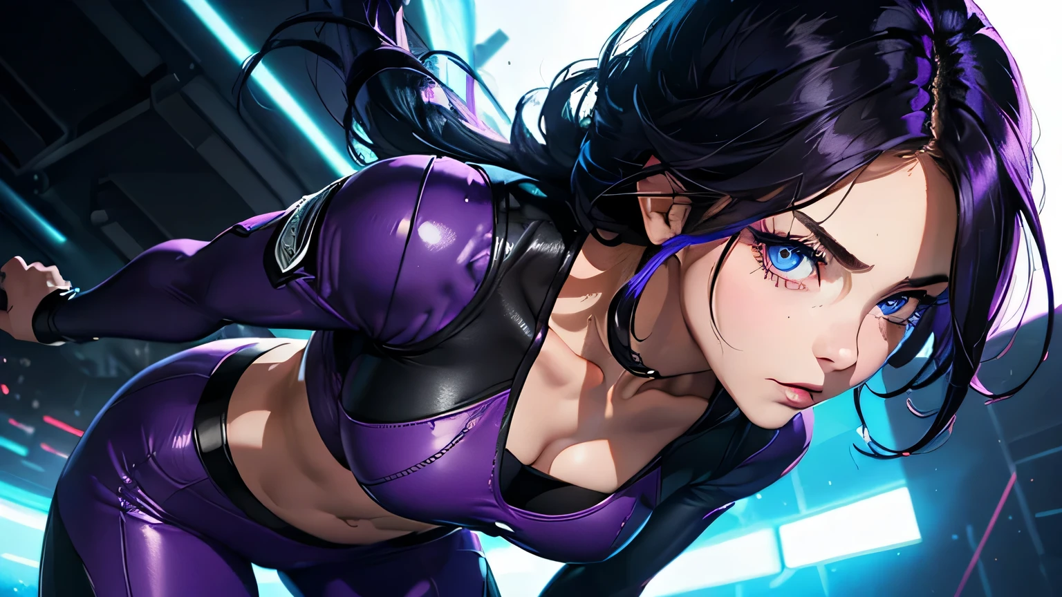 4K, A high resolution, Best quality at best, masterpiece, perfect colors, perfect shadow, perfect litthing, ((sportrait)), 1woman, fit body, heterochromia eyes，face close up, dark blue hair , blue eyes, With round lenses, The audience watched carefully, (s face: 1.2), Perfect female figure, ((dynamic standing pose)), ((purple Tight crop top, half breast, purple leather suit)), ((shy and looking at viewert)), (Perfect thick white eyebrows) Delicate fur, 详细s face, s the perfect face,  , (dynamic pose), cyberpunk abstract background, ((Bonifasko lighting)), (The round lenses on his eyes)(detailed eyes), Perfect student, ((face close up))