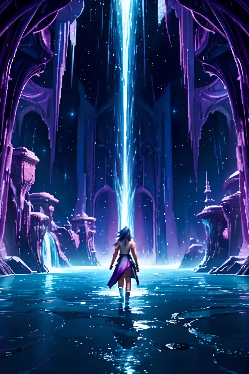 girl walking through very magical, galactic waterfalls, on a magical ship, fantasia, estilo final fantasy