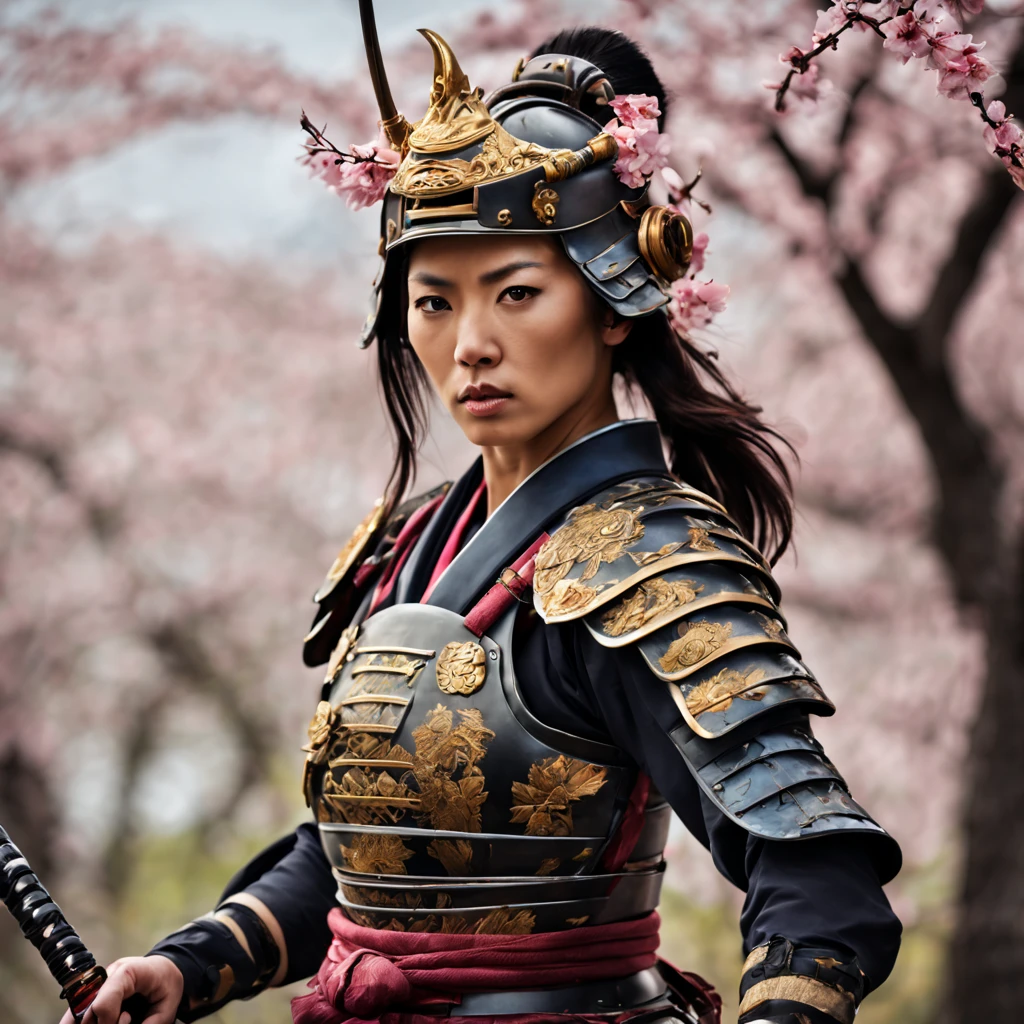 a samurai woman,traditional Japanese woman warrior, armor,sword,fierce expression,intense eyes,stoic demeanor,serene background,detailed body armor,ornamental helmet,sharp katana,dramatic pose,expert swordsmanship,ancient Japanese landscape,falling cherry blossoms,dynamic action,agile movement,samurai spirit,honor and loyalty,realistic depiction,vivid colors,high contrast lighting,shadow and highlights,emotionally charged atmosphere,ink brushstroke style,traditional Japanese calligraphy,graceful elegance,mysterious aura,endless battle,warrior's code.