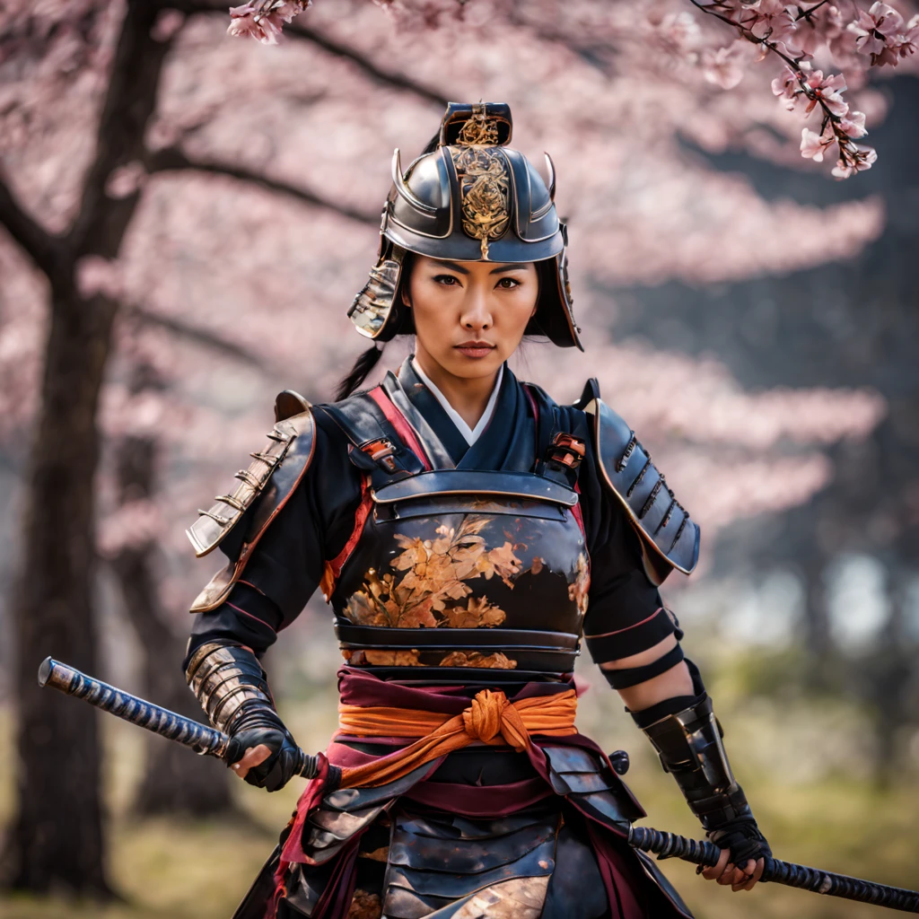 a samurai woman,traditional Japanese woman warrior, armor,sword,fierce expression,intense eyes,stoic demeanor,serene background,detailed body armor,ornamental helmet,sharp katana,dramatic pose,expert swordsmanship,ancient Japanese landscape,falling cherry blossoms,dynamic action,agile movement,samurai spirit,honor and loyalty,realistic depiction,vivid colors,high contrast lighting,shadow and highlights,emotionally charged atmosphere,ink brushstroke style,traditional Japanese calligraphy,graceful elegance,mysterious aura,endless battle,warrior's code.