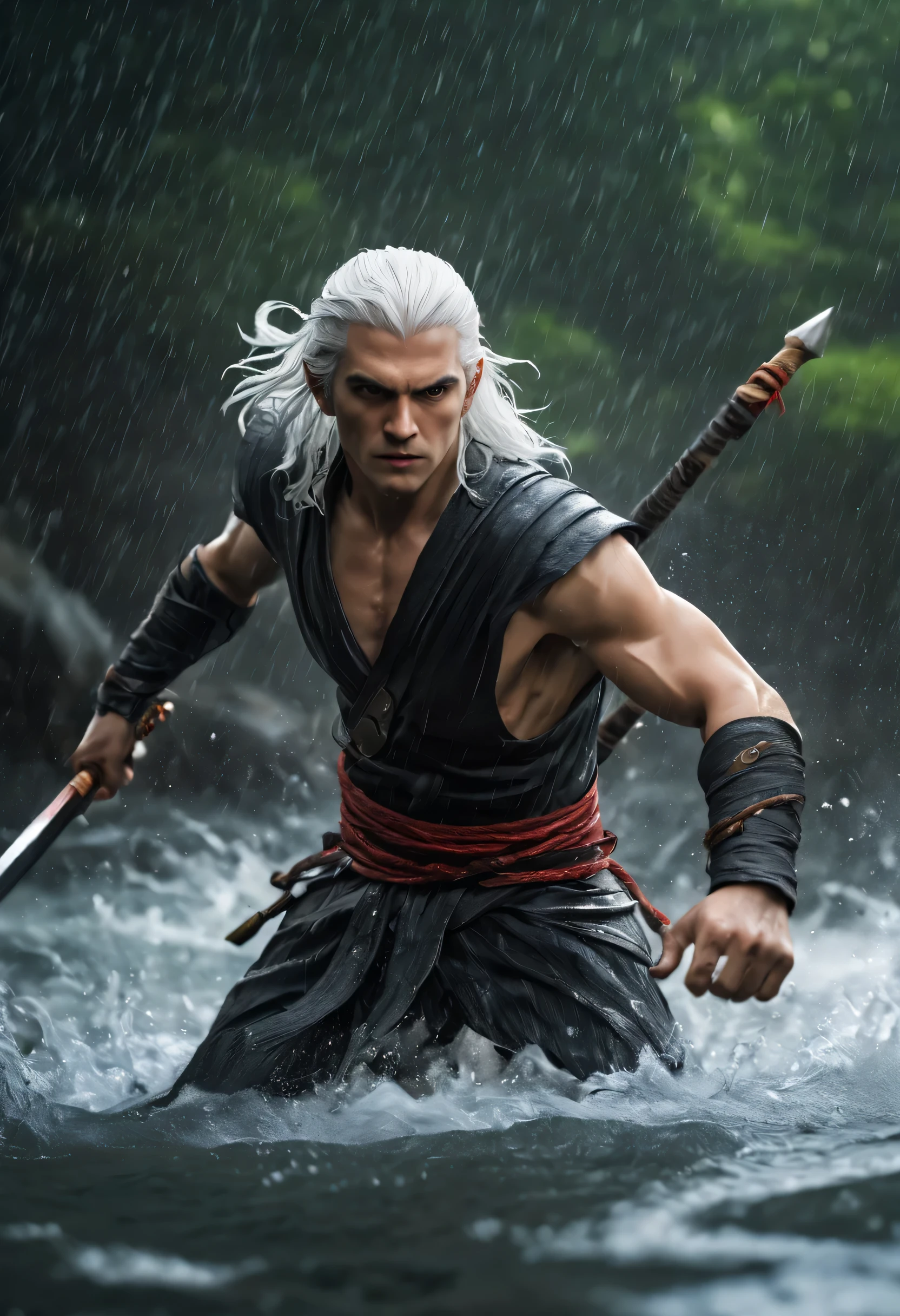 best quality,Ultra-fine,The white-haired warrior appears in the wateghting,lifelike,photorealism:1.37),bright colors,clear focus,Defocused,(fantasy:1.2),(mystical landscapes),(dynamic poses:1.37),(intense gaze),(Extraordinary power),(the power of myth),black and red,rainy day