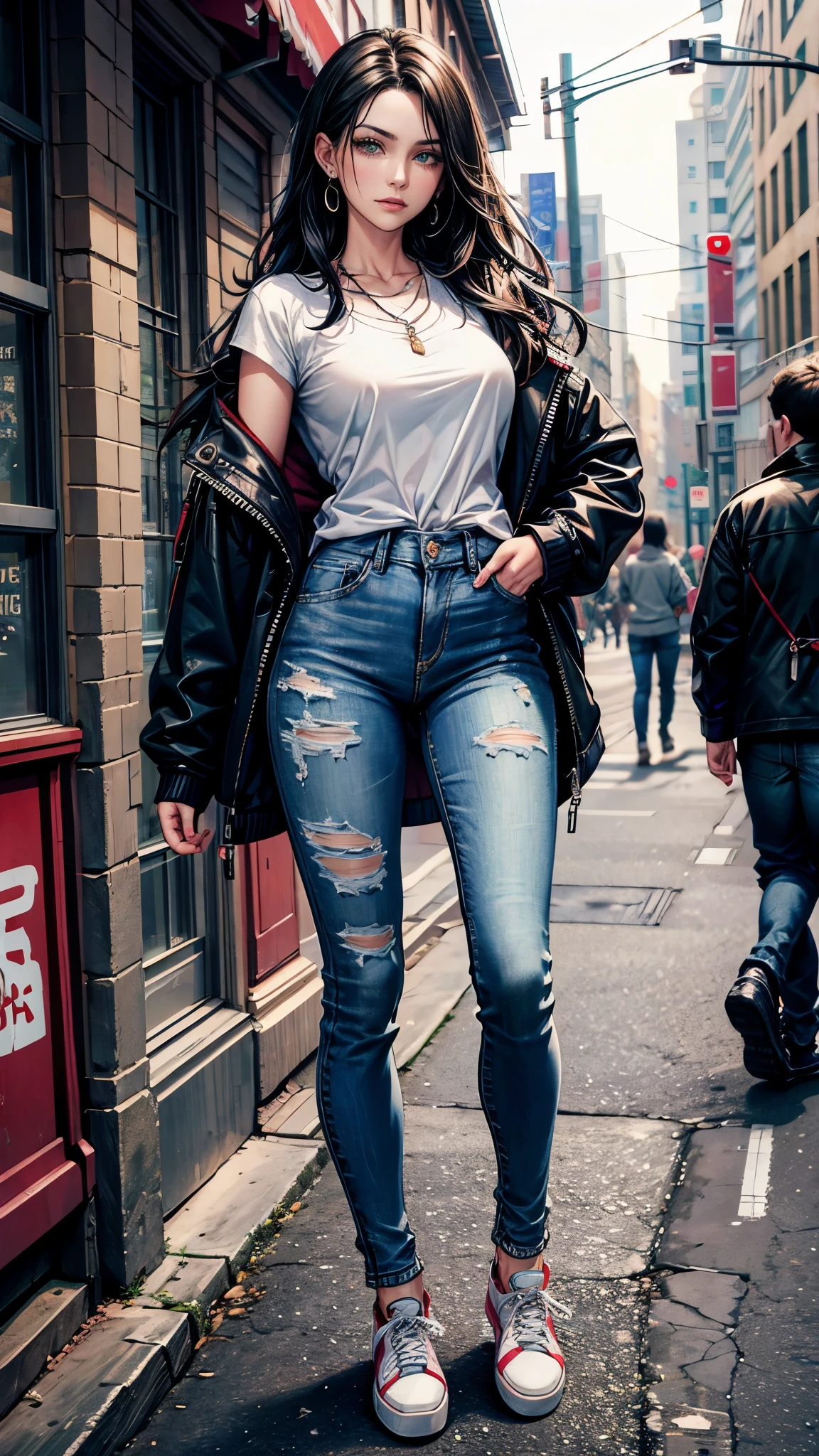 (Masterpiece, Best quality, A high resolution, ultra detailed), 1 woman, long black wavy hair, Green eyes, Beautiful, detailed eyes and face, Perfect body, earrings, ear piercing,  unbuttoned denim jacket, White shirt, Jeans, denim platform sneakers, naked collarbones, chain necklace, cityские трущобы фон, city , street, by Amano Akira, full body 