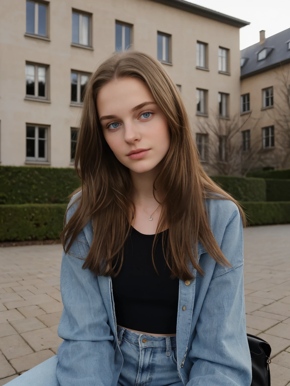 young woman, 16 Jahre alt, iPhone-camera, straight hairs, beautiful, 16 years old. sitting outside, cropped top and jacket, febrauary, masterpiece, best quality, beutiful face, perfect face and eyes, beautiful young, february