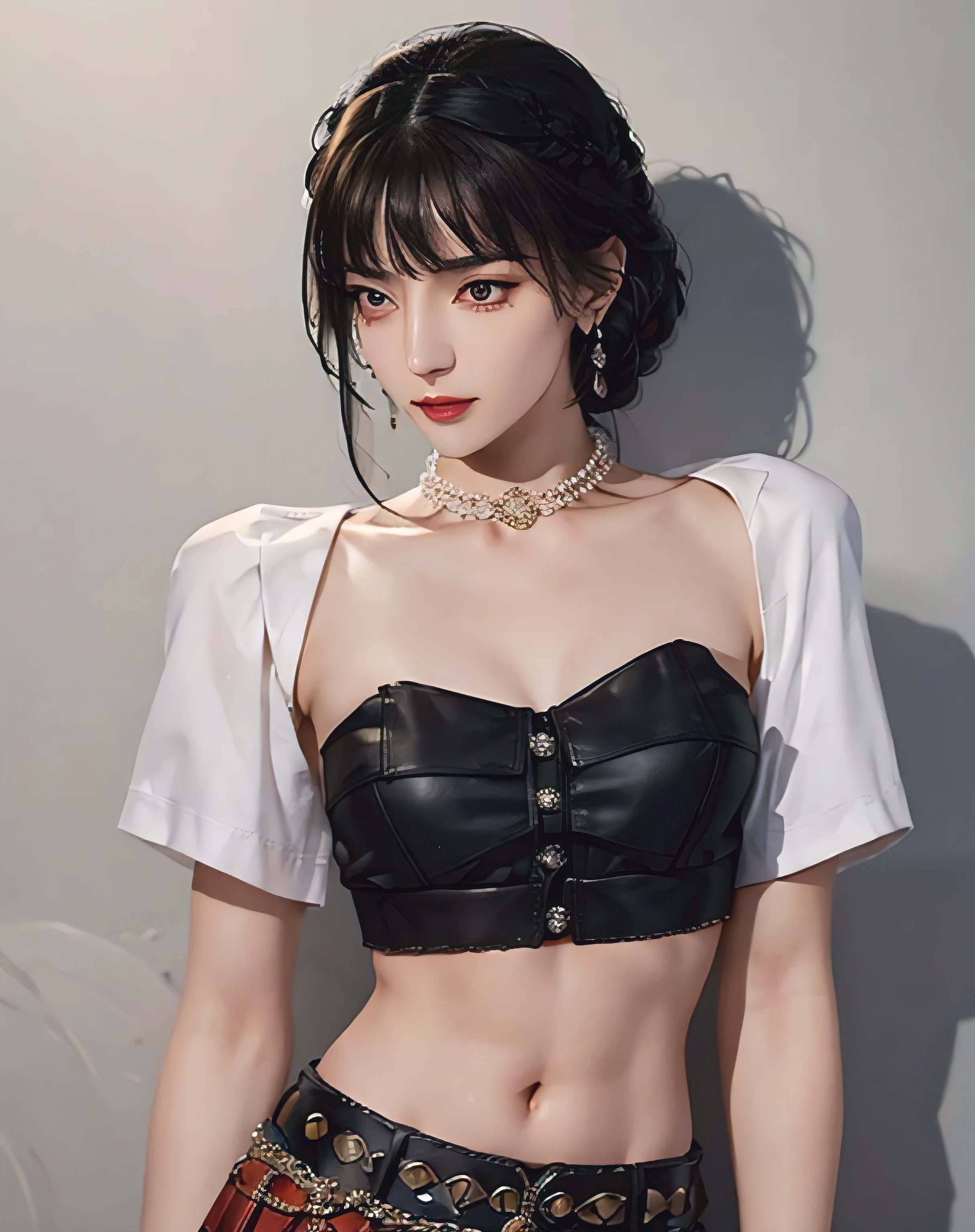 (masterpiece, best quality, 1 girl, alone, intricate details, Color difference), (actual),(skin), ((breathe)),(black hair,blunt bangs),Detailed hair, red headdress, Blue highlights, hair covering one eye,black eyes, small earrings, keen vision, collar,((black crop top )),(skirt),(belt),Open waist,(symmetrical eyes),(Perfectly symmetrical figure), night,(((Natural light))),backlight,Leaning against a gray wall, dim lights ,look at the audience,((center shot, from the front,(face and waist)))