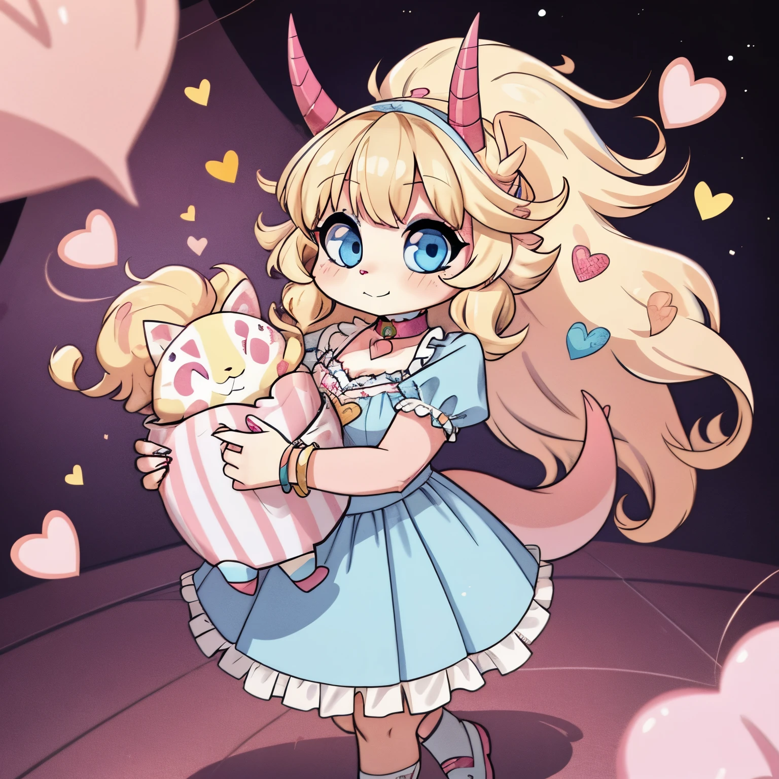 A cute and chubby female demon with pastel pink skin, curly blonde hair, and blue eyes. She has a pair of heart-shaped horns on her head, a heart-shaped tail, and heart-shaped markings on her cheeks and chest. She wears a white dress with colorful candy hearts on it, matching her collar, bracelet, and earrings. She also wears white shoes and socks, and carries a pink purse with more candy hearts inside.