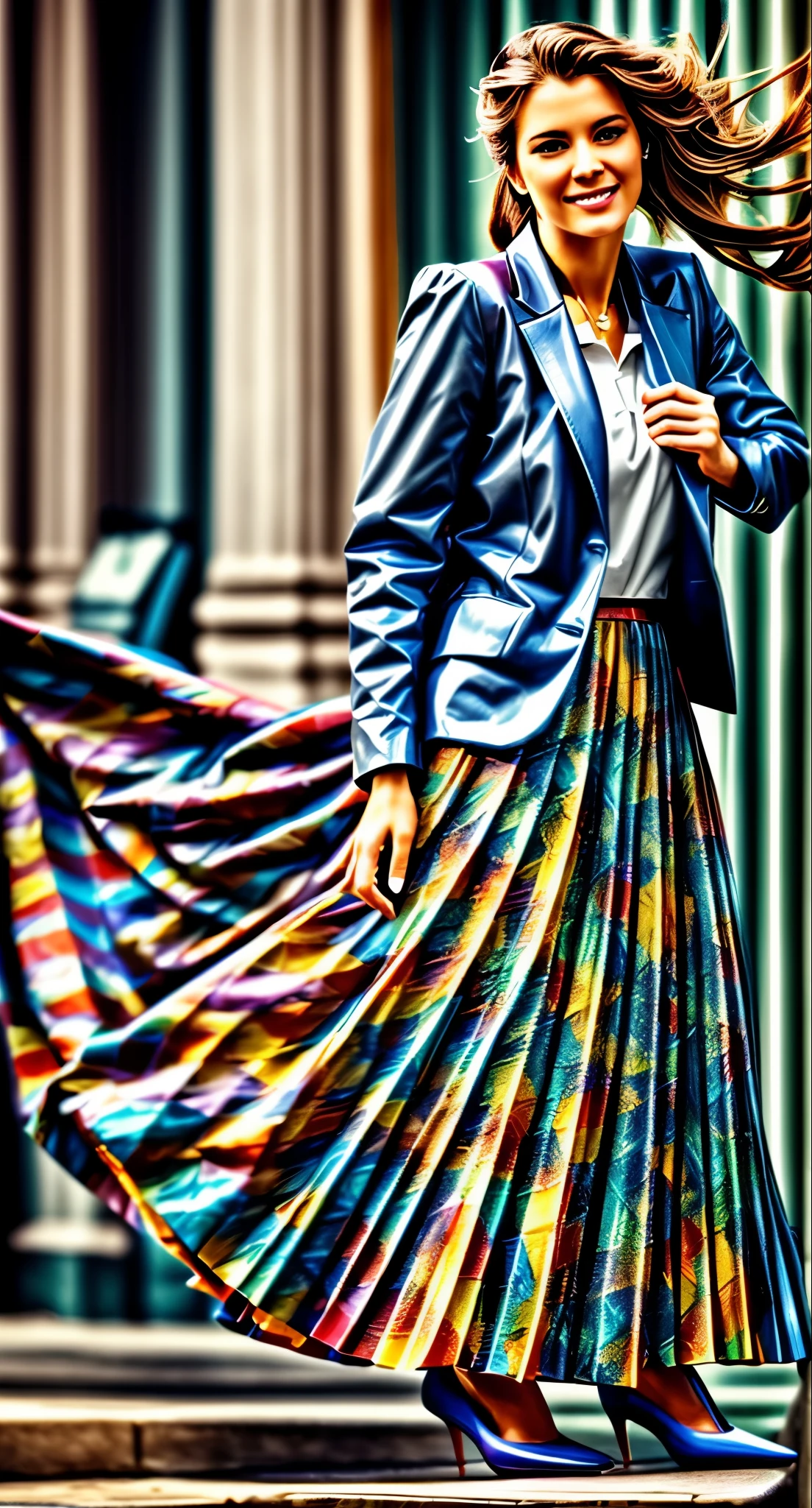A smiling, authentic, (shy:1,3), kind, beautiful woman, is passionately in love with her skirt, sitting down on the gound while wind lifts her skirt, wearing short blazer and very very detailed (long (fully pleated) full circle skirt) and (low heeled court shoes), very very intricate hyper-detailed symmetric (attractive graceful young feminine face) with (sad, tired eyes and a loving smile), large breasts, full of empathy and compassion and love, (pronounced (feminine) features), (highly detailed ultra accurate realistic) hands and fingers, (windy), epic composition, highly detailed attributes, (35mm f1.4 Kodak portra 400 photograph), extremely high quality RAW photograph, highly detailed atmosphere, sci-fi, cinematic shot, dynamic lighting, 75mm, Technicolor, Panavision, cinemascope, sharp focus, fine details, 8k, HDR, realism, realistic, key visual, film still, superb cinematic color grading, depth of field