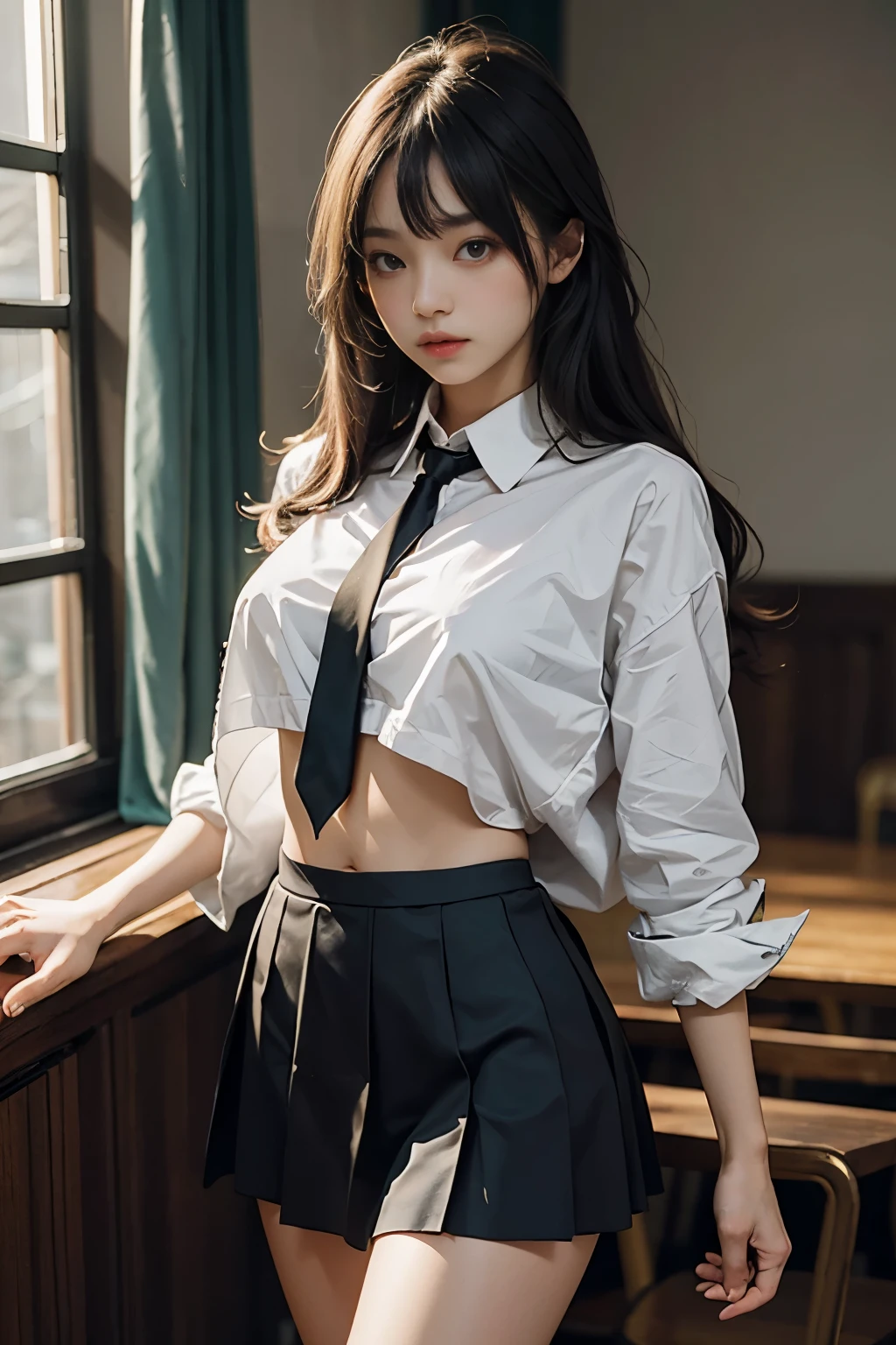 Standing, beautiful skin, shining hair, Long hair, hair bang, hair pin, cropped school uniform,abs stomach, skirt, legs, in room, dim light, studio lights, phosphorescent, gentle lights, vibrant colours, intricate details, high quality, masterpiece photography