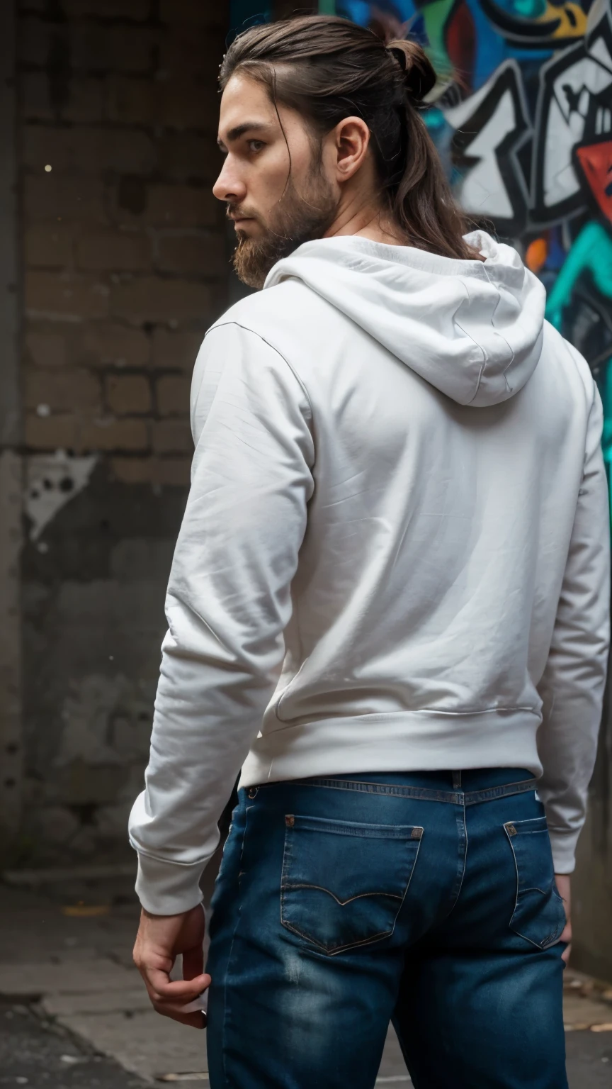  Moody photography, Close up half body, back view, muscular man, long dark hair and beard, hair in man bun, standing in front of graffiti wall, vibrant street art, detailed wall, concrete wall, wearing white hoody, plain white hoody, black ripped jeans, full length t-shirt, back to camera, hyper realistic, highest quality, ultra realistic, extremely detailed, hd, HDR, hyper detailed, professional photoshoot, cinematic, ultra detailed, beautiful body, visually rich, concept art, luminous, intricate details, subtle colors, extremely detailed, ultra sharp focus, light particles, attention to detail, grandeur and awe, stunning visual masterpiece, double exposure, 32k, photorealistic, strong outlines, cinematographic scene, highest quality