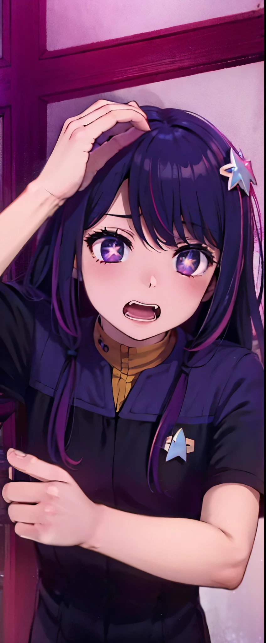 Hoshino Ai, long hair, purple hair, streaked hair ,purple eyes, star-shaped pupils, hair ornament,
ds9st red and black uniform scared expression
open mouth
clenched teeth
