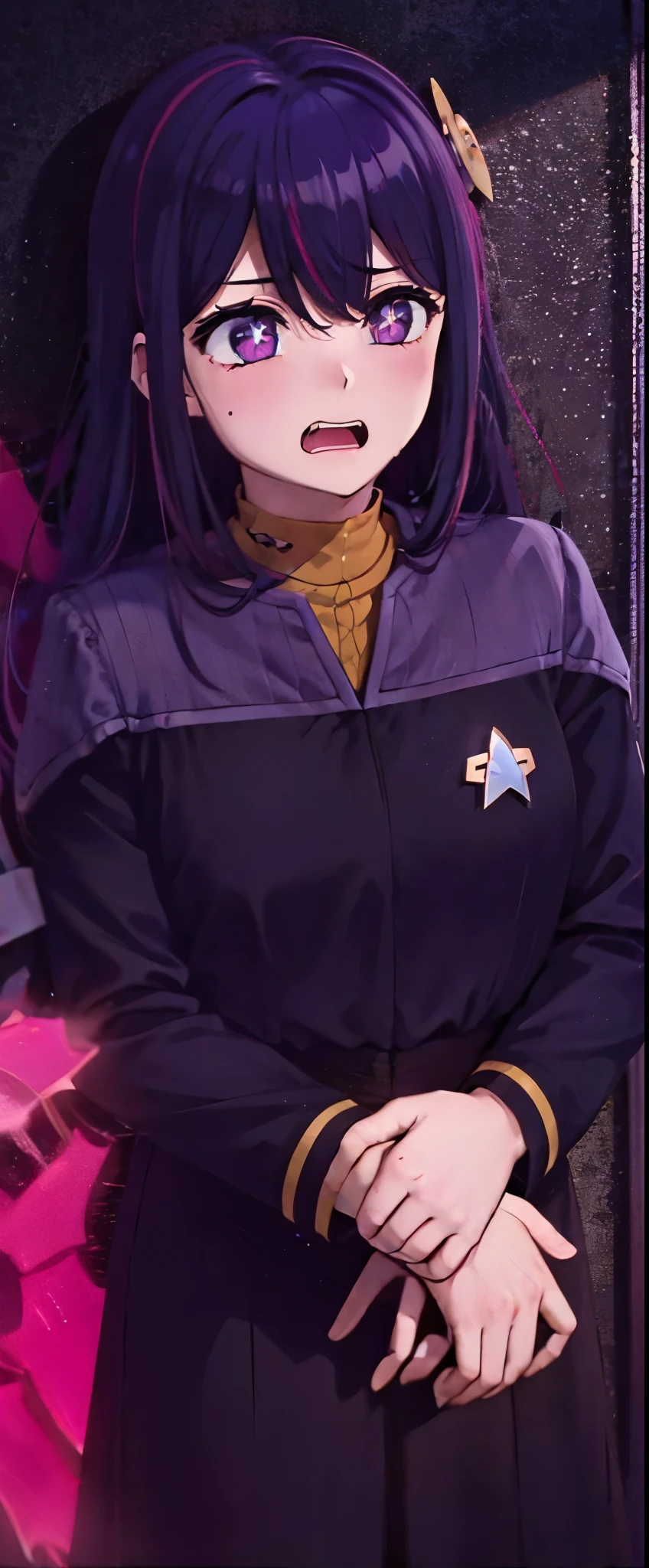 Hoshino Ai, long hair, purple hair, streaked hair ,purple eyes, star-shaped pupils, hair ornament,
 ds9st red and black uniform scared expression
open mouth
clenched teeth 