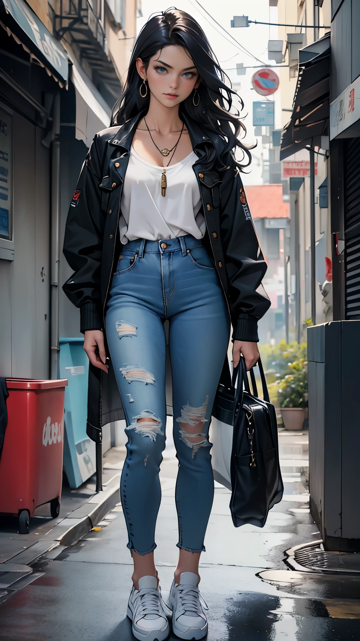 (Masterpiece, Best quality, A high resolution, ultra detailed), 1 woman, long black wavy hair, Green eyes, Beautiful, detailed eyes and face, Perfect body, earrings, ear piercing, unbuttoned denim jacket, White shirt, Jeans, denim platform sneakers, naked collarbones, chain necklace, cityские трущобы фон, city , street, by Amano Akira, full body