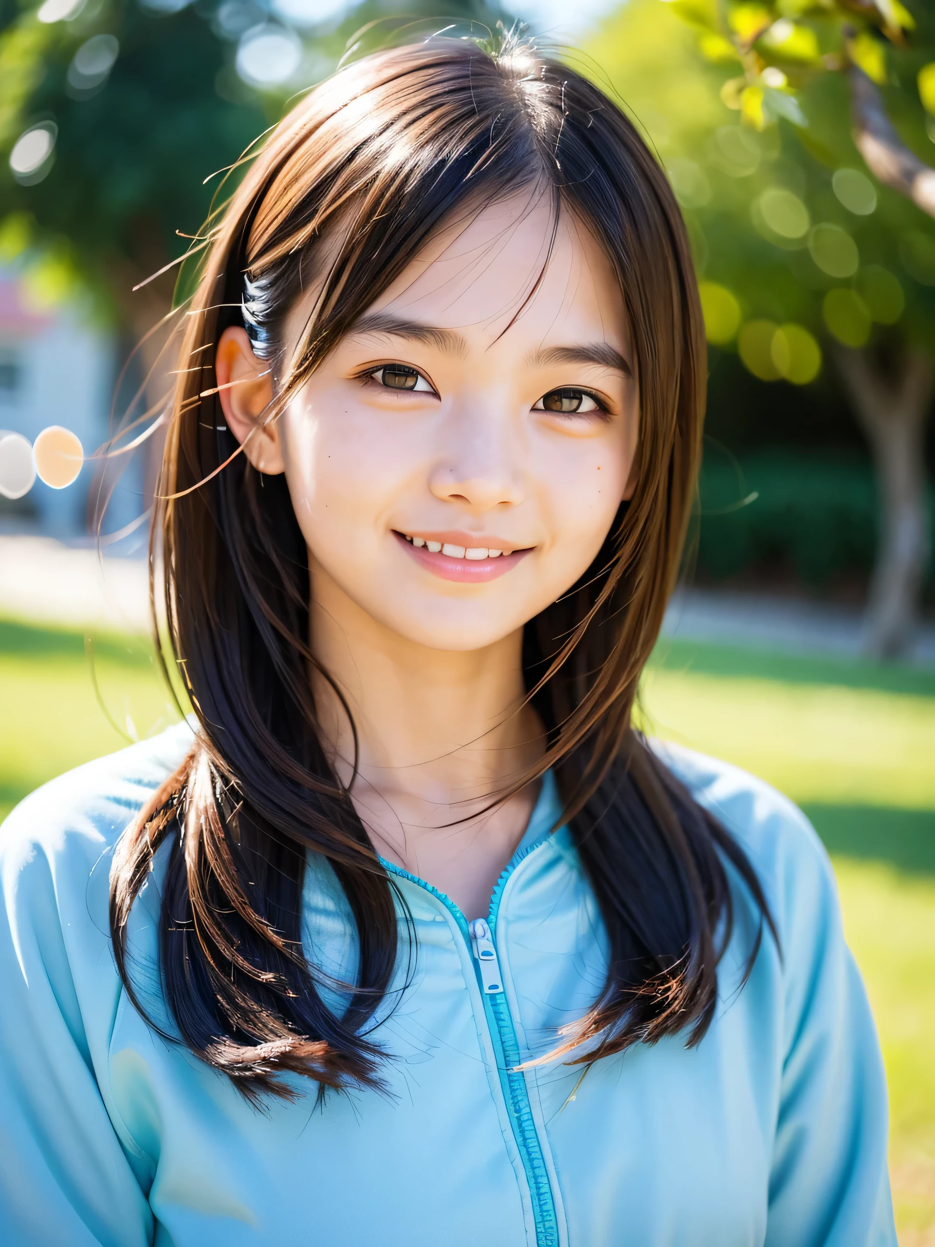 table top, highest quality, 8k, 1 girl, good hand, 14, lively, Active, Life force, luminescent, look away, RAW photo, f/1.8, 135mm, nikon, anatomically correct, Bokeh，rough skin, professional photography, portrait, soft light, professional lighting, alone, (smile), cute, Girly, Digital single-lens reflex camera, film grain, (Eye and face details:1.0), 8k Wallpaper, residential street