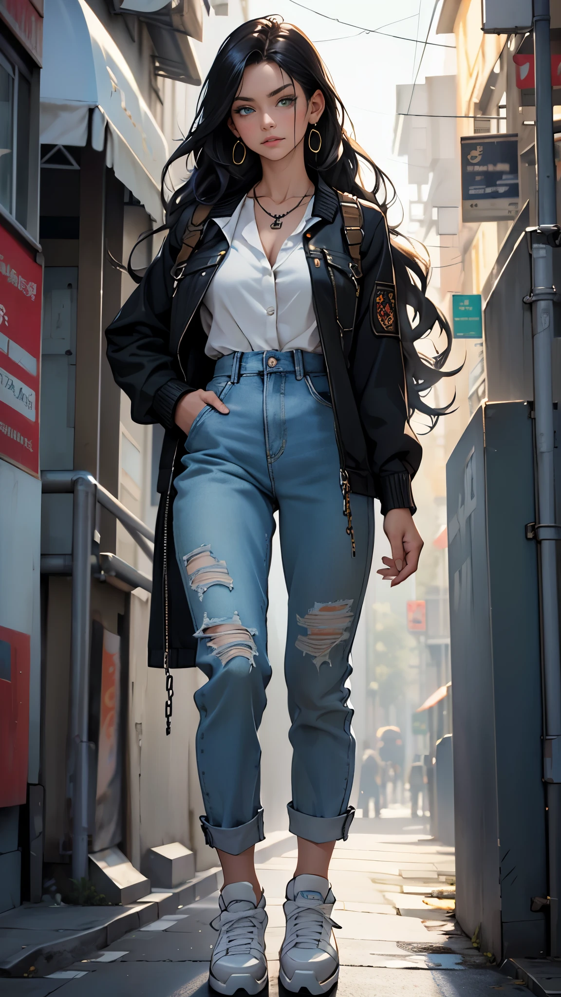 (Masterpiece, Best quality, A high resolution, ultra detailed), 1 woman, long black wavy hair, Green eyes, Beautiful, detailed eyes and face, Perfect body, earrings, ear piercing, unbuttoned jacket, denim jumpsuit with straps, White shirt, denim platform sneakers, naked collarbones, chain necklace, cityские трущобы фон, city , street, by Amano Akira, full body