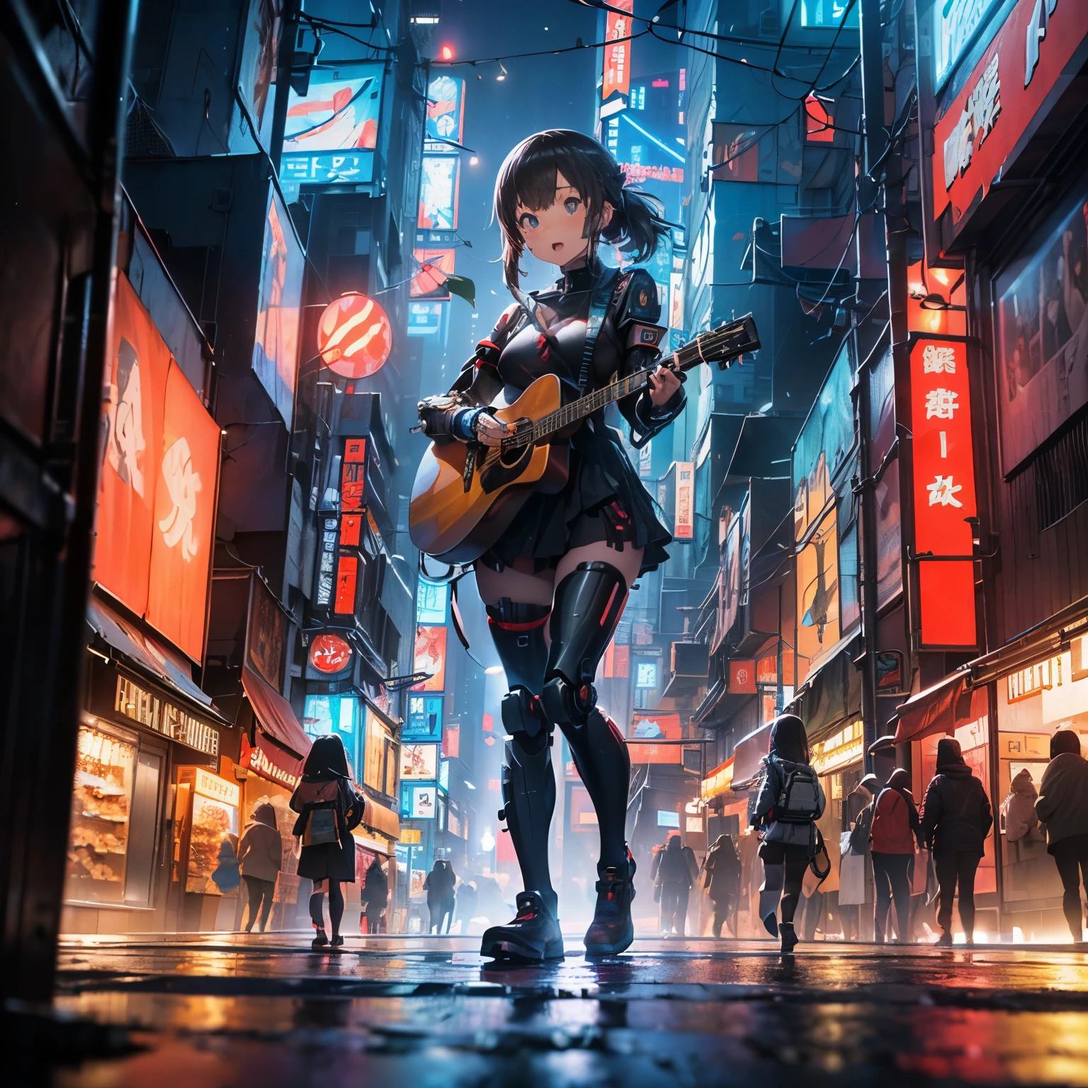 (16k, RAW Photos, High resolution, highest quality:1.4), (High resolution, Absurd, Ultra-realism:1.3), (Ultra-Realistic Details, The finer details, masterpiece:1.2), break (Cyberpunk future city at night. A human street musician girl Playing Acoustic Guitar and sings hard on the street where many Cyber-mechanical robot are passing by. ((Only one cyber-mechanical robot stands still、Standing before her.))), Perfect Fingers, Perfect hands, Perfect Anatomy, break ((Playing Acoustic Guitar, sing:1.3), (cute:1.1), (beautiful girl:1.3)), (Highly detailed face:1.2), (Cyberpunk future city at night, Highly detailed background, Depth of written boundary:1.4),Camel Toe、Giant tit、Nipple Puffs、Cleavage、Plump、Super big breasts、Super big butt