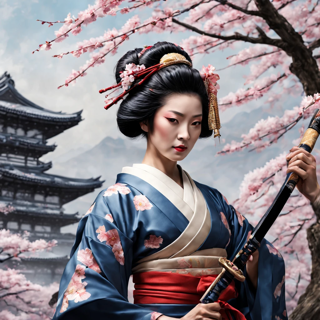 a Geisha, a traditional Japanese geisha warrior, traditional kimono, sword, gentle expression, intense eyes, stoic demeanor, serene background, detailed body armor, ornamental helmet, sharp katana, dramatic pose, expert swordsmanship, ancient Japanese landscape, falling cherry blossoms, dynamic action, agile movement, geisha spirit, honor and loyalty, realistic rendering, bright colors, high contrast lighting, shadows and reflections, atmospheric atmosphere emotion, ink brush stroke style, traditional Japanese calligraphy, graceful elegance, mysterious aura