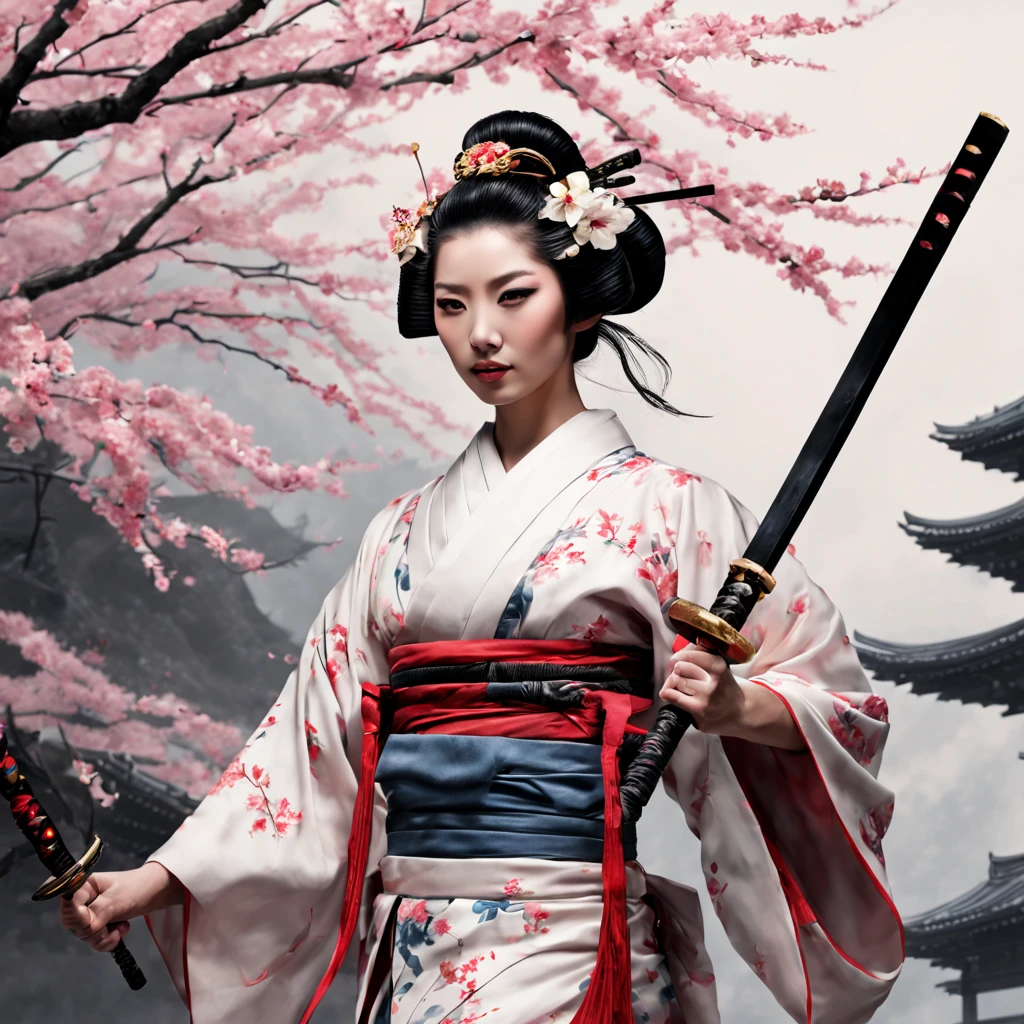 a Geisha, a traditional Japanese geisha warrior, traditional kimono, sword, gentle expression, intense eyes, stoic demeanor, serene background, detailed body armor, ornamental helmet, sharp katana, dramatic pose, expert swordsmanship, ancient Japanese landscape, falling cherry blossoms, dynamic action, agile movement, geisha spirit, honor and loyalty, realistic rendering, bright colors, high contrast lighting, shadows and reflections, atmospheric atmosphere emotion, ink brush stroke style, traditional Japanese calligraphy, graceful elegance, mysterious aura