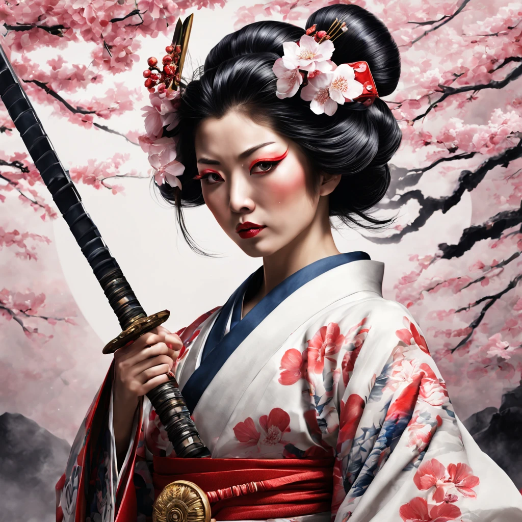 a Geisha, a traditional Japanese geisha warrior, traditional kimono, sword, gentle expression, intense eyes, stoic demeanor, serene background, detailed body armor, ornamental helmet, sharp katana, dramatic pose, expert swordsmanship, ancient Japanese landscape, falling cherry blossoms, dynamic action, agile movement, geisha spirit, honor and loyalty, realistic rendering, bright colors, high contrast lighting, shadows and reflections, atmospheric atmosphere emotion, ink brush stroke style, traditional Japanese calligraphy, graceful elegance, mysterious aura