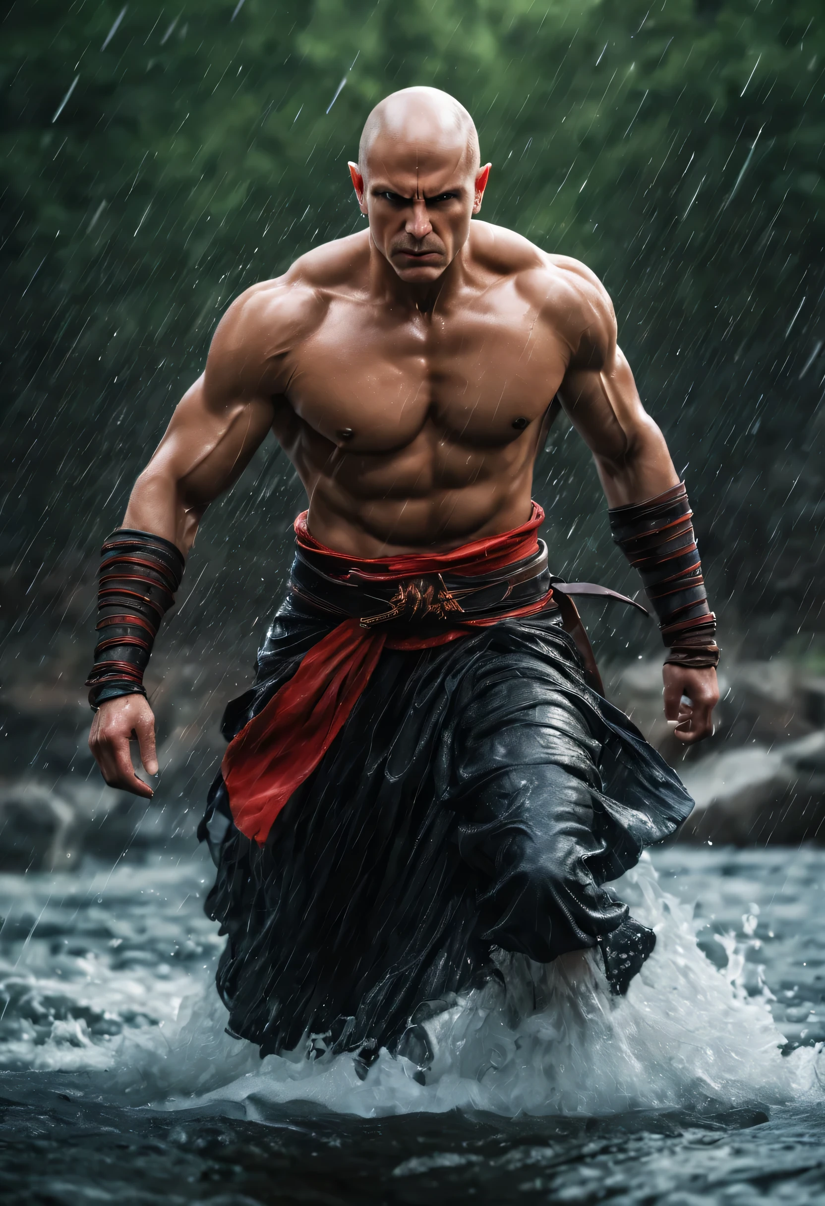 best quality，Ultra-fine，Bald warrior appears in the water ，Katana in hand，fighting，Dodge，avoid，lifelike，photorealism：1.37），bright colors，clear focus，Defocused，（fantasy：1.2），（mystical landscapes），（dynamic poses：1.37），（intense gaze），（Extraordinary power），（the power of myth），black and red，rainy day，Wounds on the body，splash
