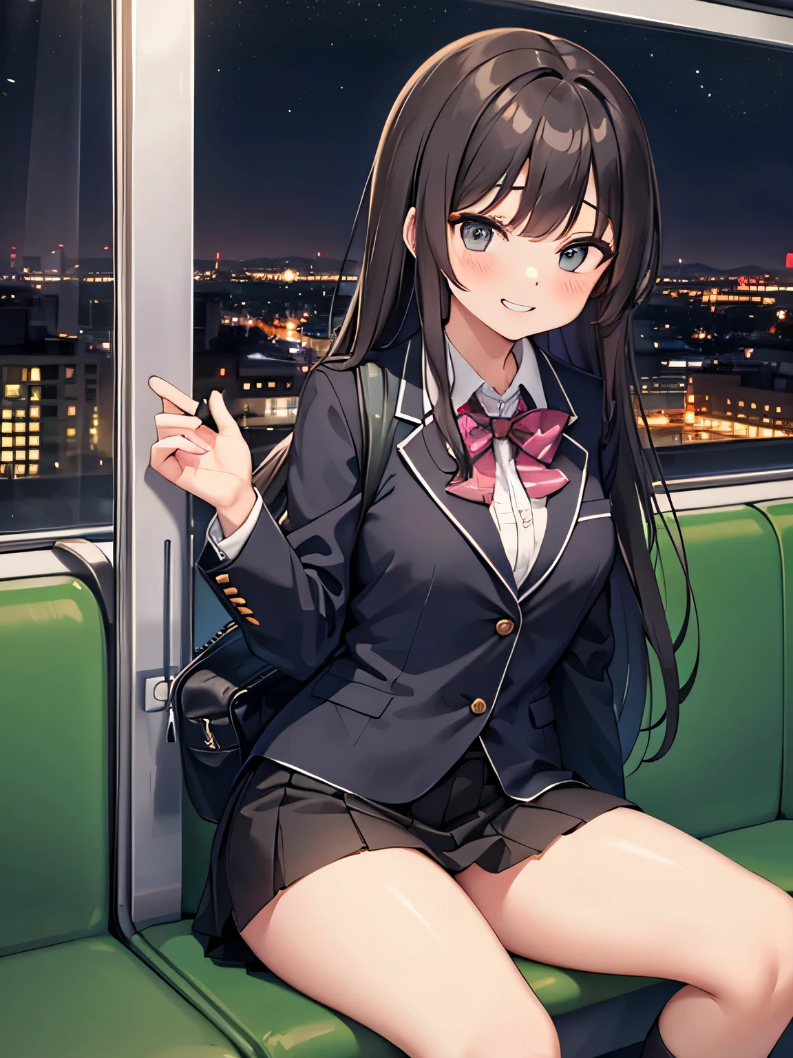 (1) A woman is sitting alone on a long seat on a train. She spread her legs、I am showing my black transparent panties to the person in front of me..
(2) She is a high school girl, She is wearing a uniform consisting of a miniskirt, blazer, and loose socks..
(3) she has medium length brown hair.
(4) Her expression is provocative and grinning.
(5) Location: Yamanote Line long seat at night. There are no other customers. The view outside the window is the night view of the city.